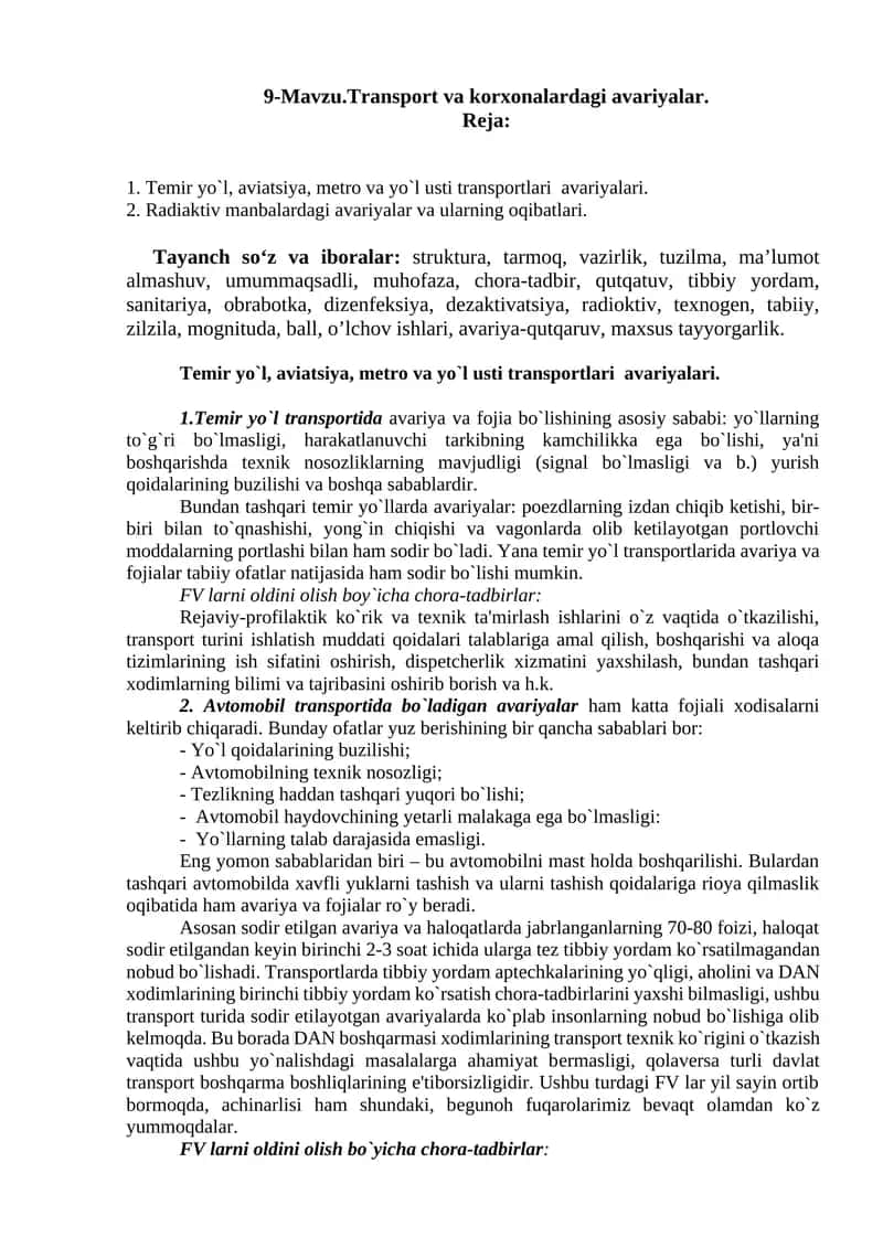 Transport va korxonalardagi avariyalar