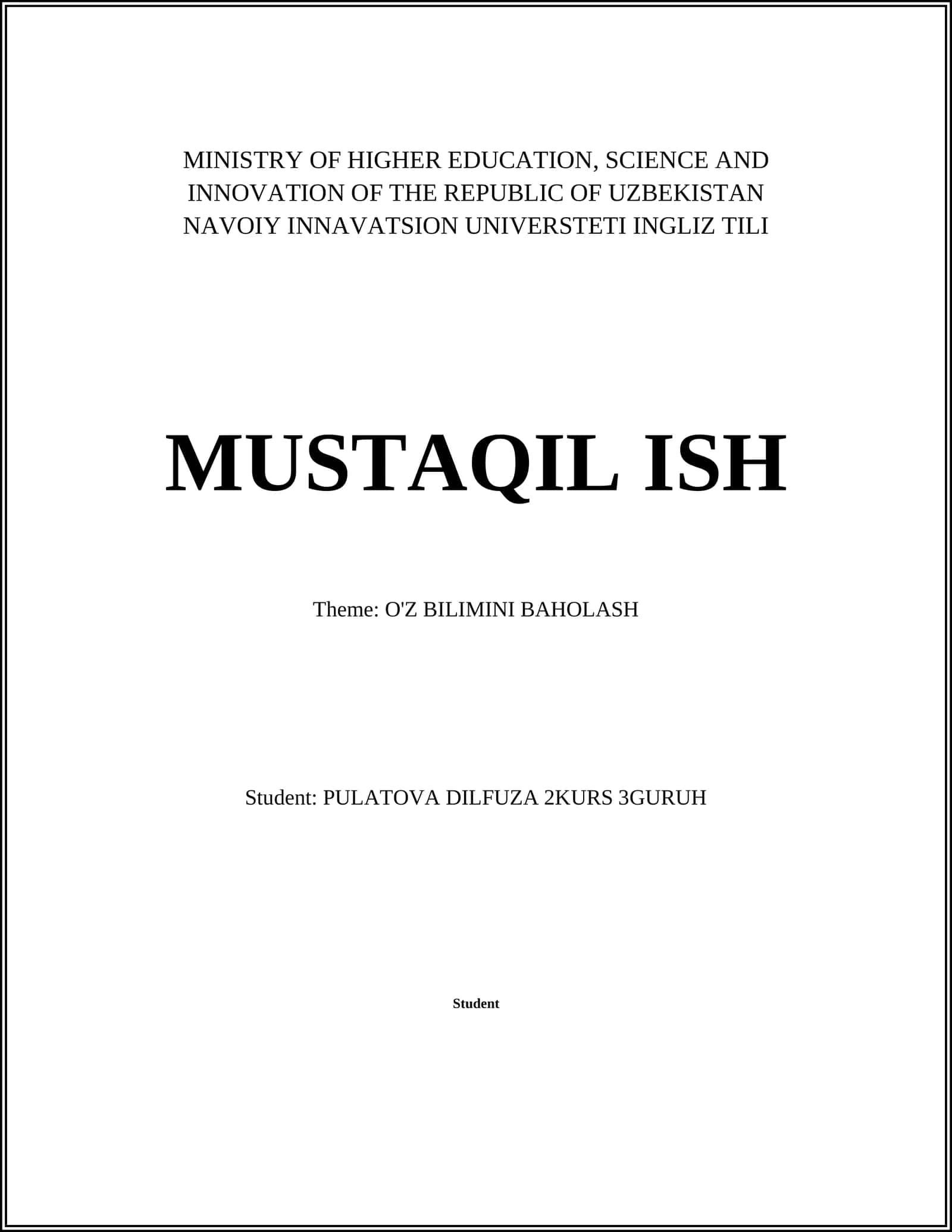 O'Z BILIMINI BAHOLASH