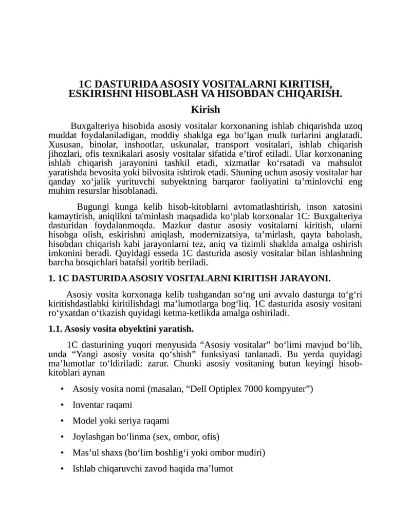 1C DASTURIDA ASOSIY VOSITALARNI KIRITISH