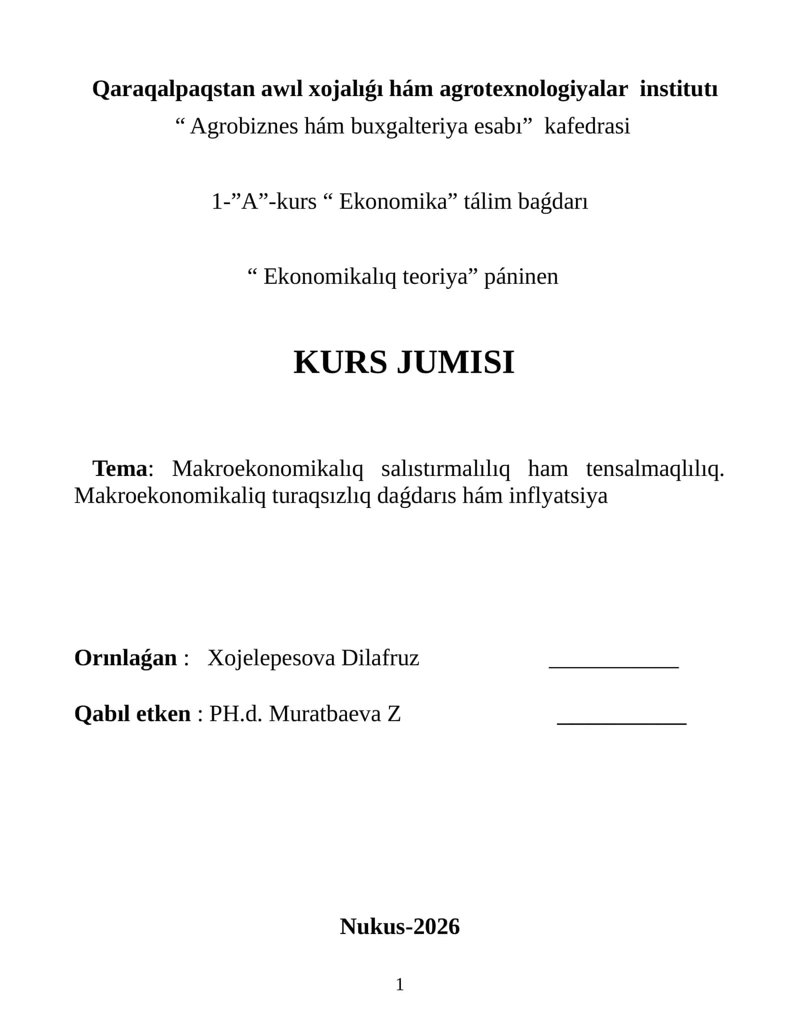 Makroekonomikalıq salıstırmalılıq ham tensalmaqlılıq. Makroekonomikaliq turaqsızlıq daǵdarıs hám inflyatsiya