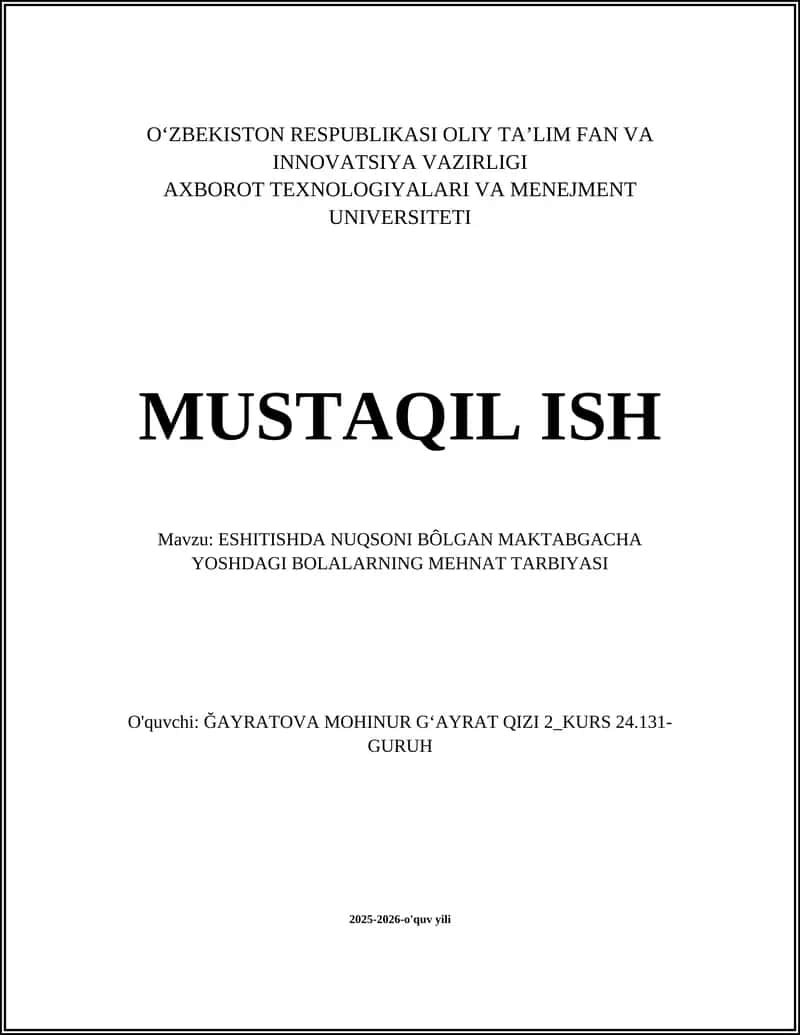 Eshitishda Nuqsoni Bôlgan Maktabgacha Yoshdagi Bolalarning Mehnat Tarbiyasi