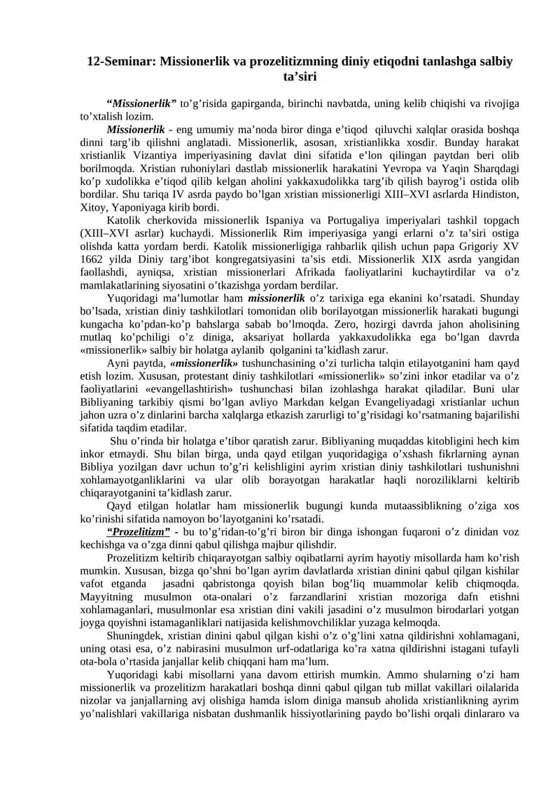 Missionerlik va prozelitizmning diniy etiqodni tanlashga salbiy ta’siri