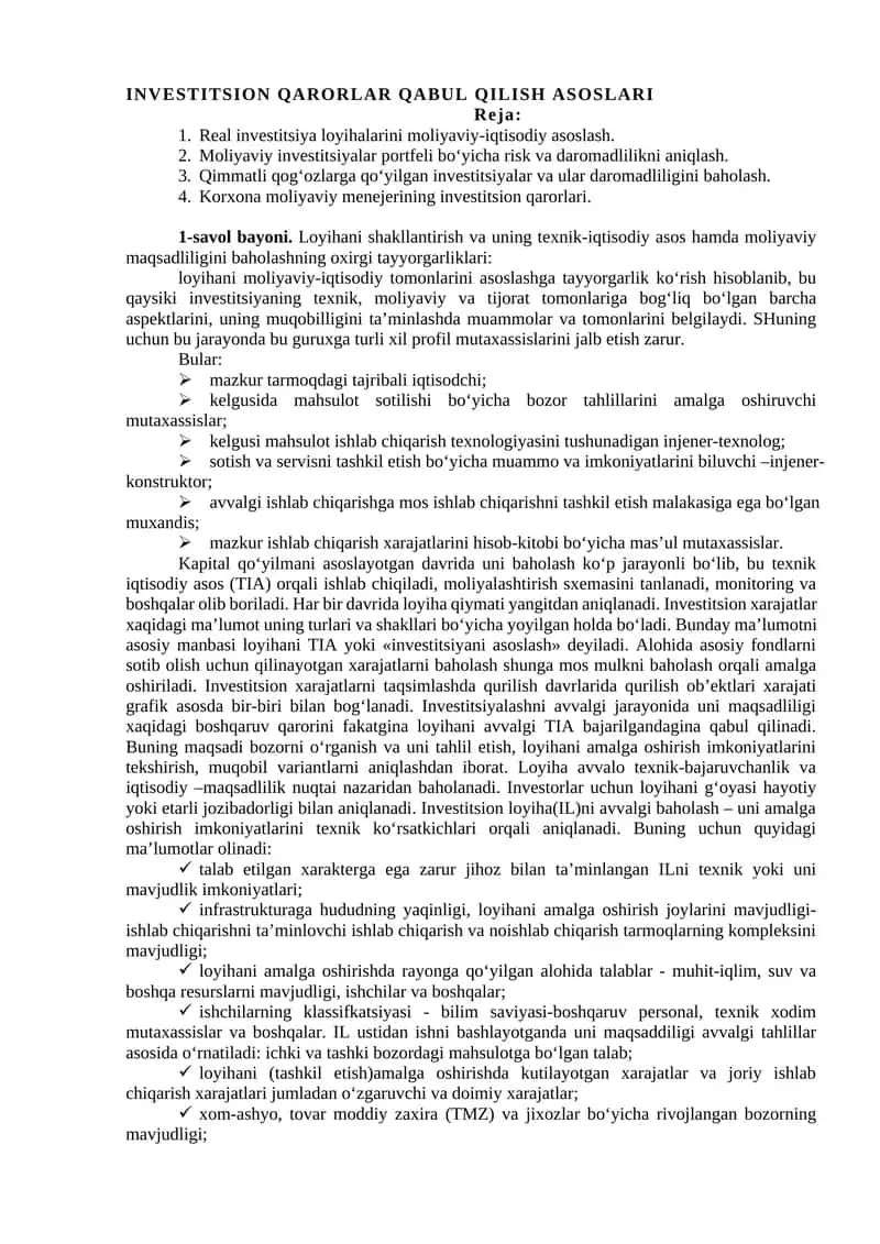 INVESTITSION QARORLAR QABUL QILISH ASOSLARI