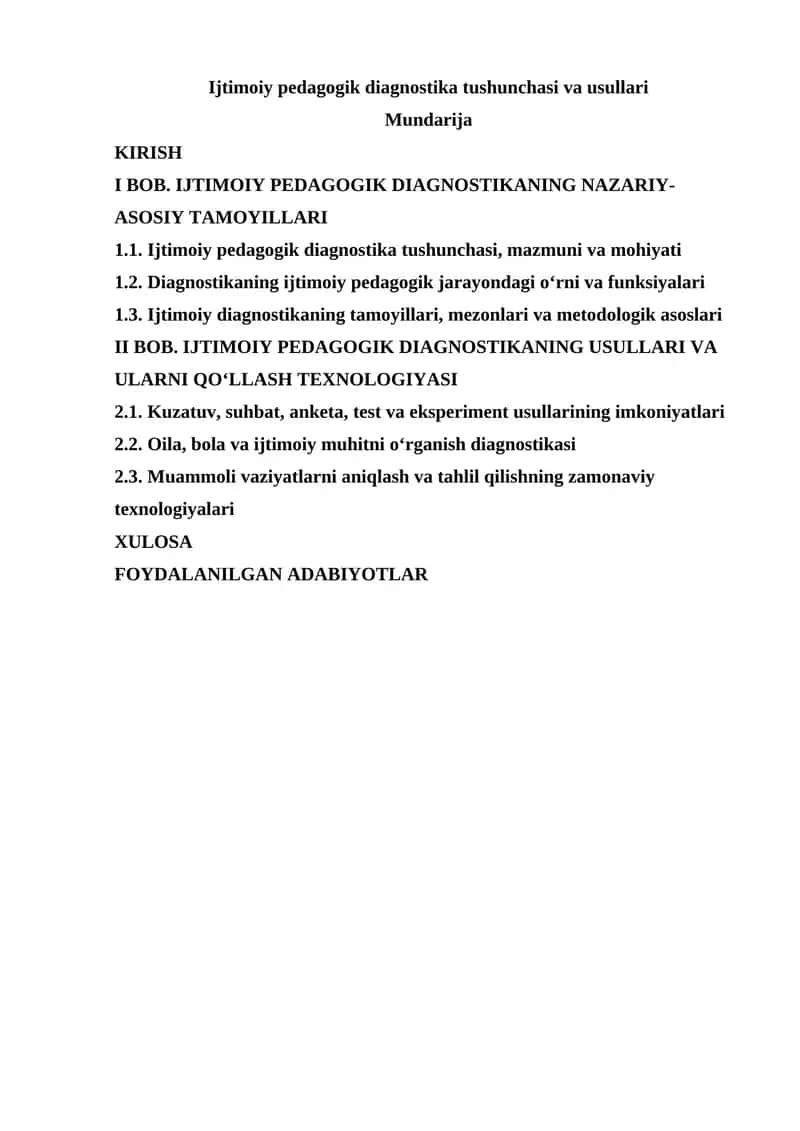 Ijtimoiy pedagogik diagnostika tushunchasi va usullari