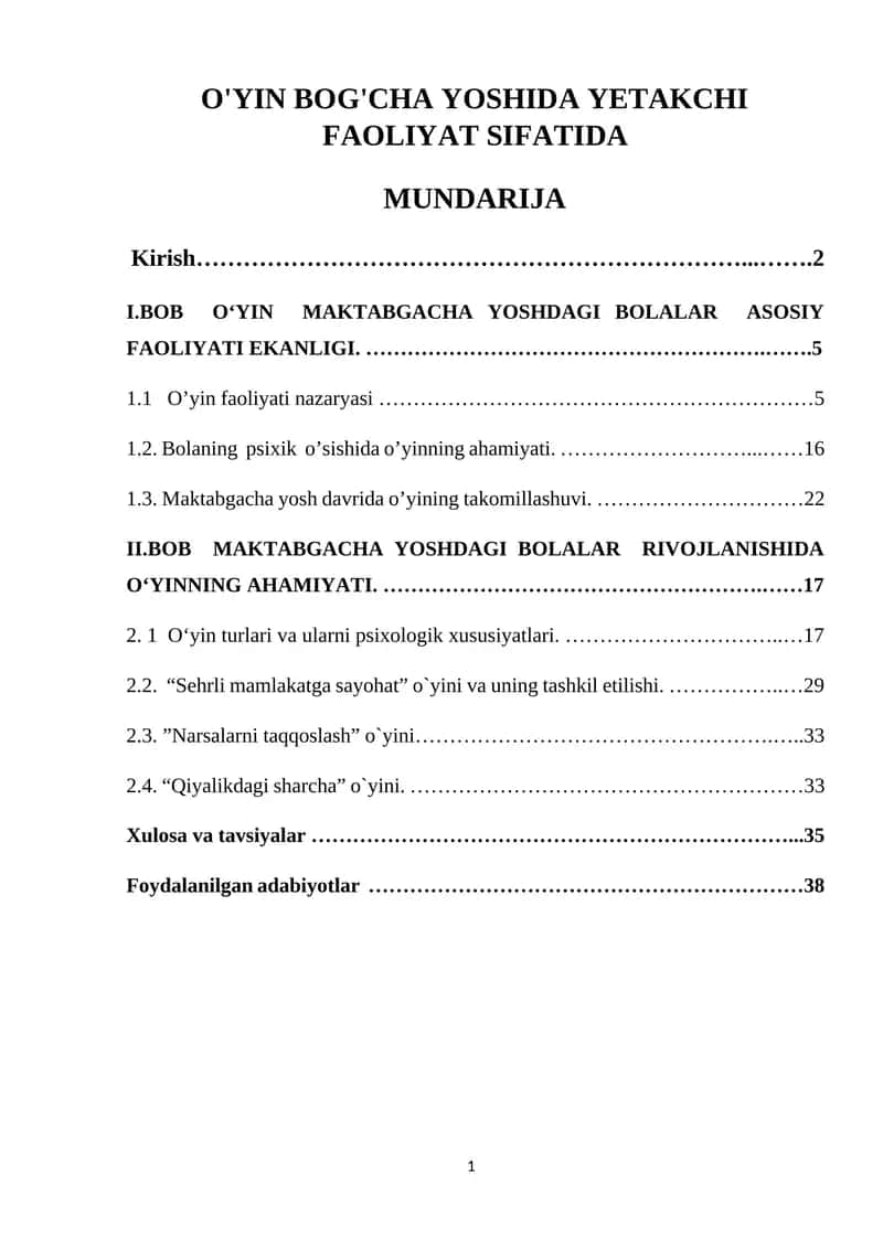 O'YIN BOG'CHA YOSHIDA YETAKCHI FAOLIYAT SIFATIDA