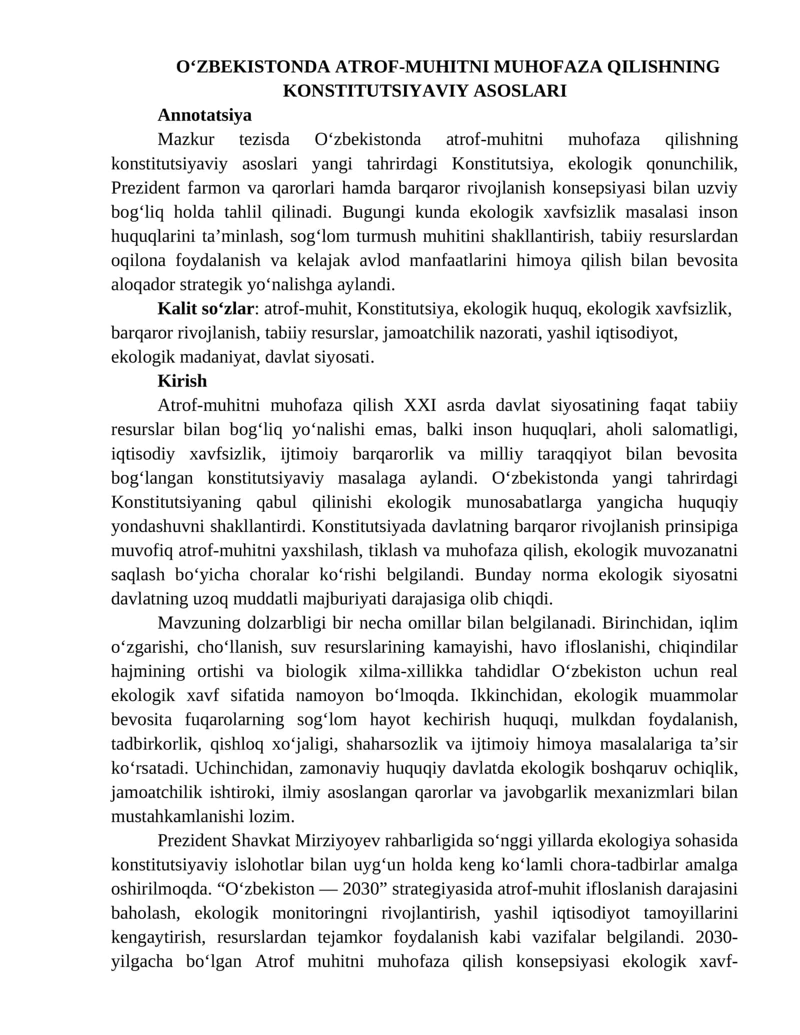 O‘ZBEKISTONDA ATROF-MUHITNI MUHOFAZA QILISHNING KONSTITUTSIYAVIY ASOSLARI