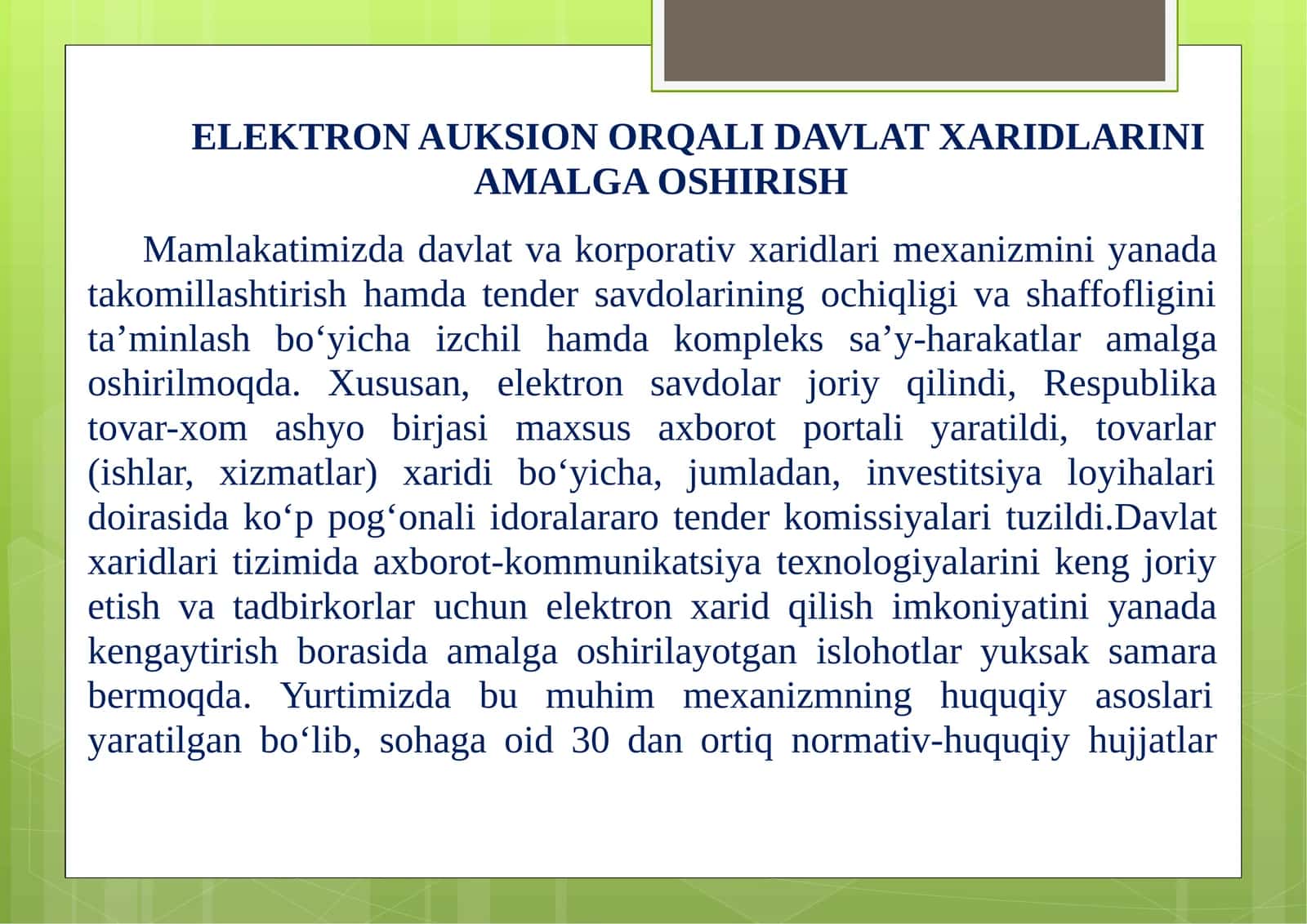 ELEKTRON AUKSION ORQALI DAVLAT XARIDLARINI AMALGA OSHIRISH