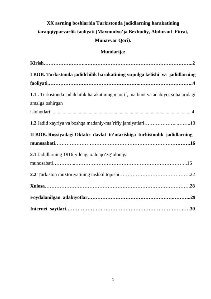 Turkistonda jadidlarning harakatining taraqqiyparvarlik faoliyati