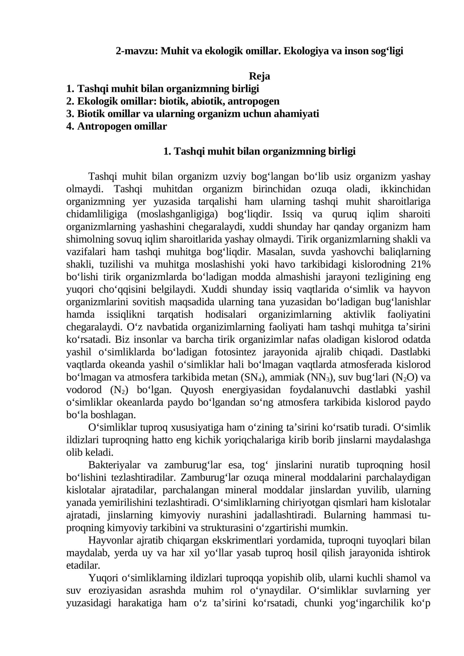 2-mavzu: Muhit va ekologik omillar. Ekologiya va inson sogʻligi