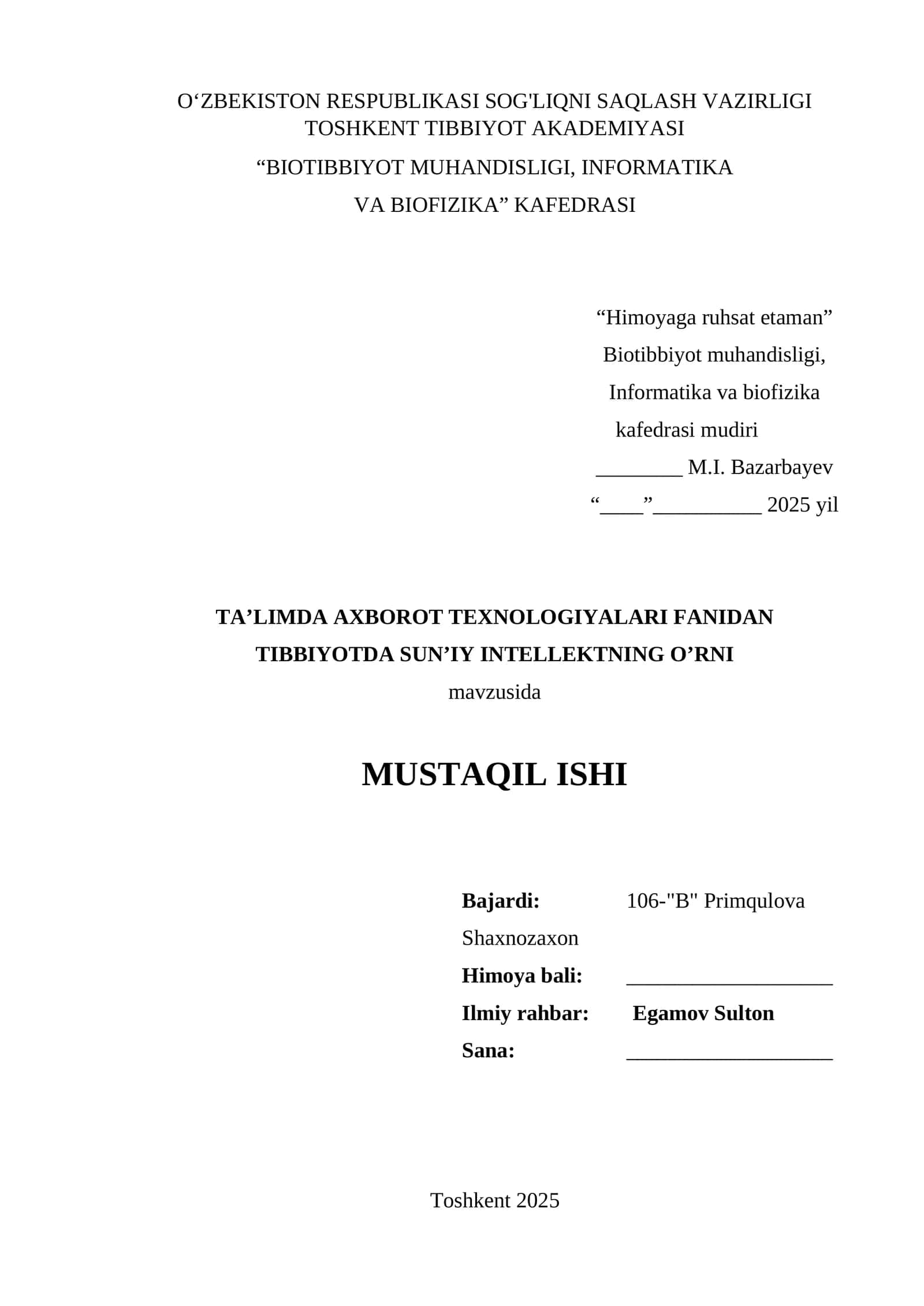 TIBBIYOTDA SUN’IY INTELLEKTNING O’RNI