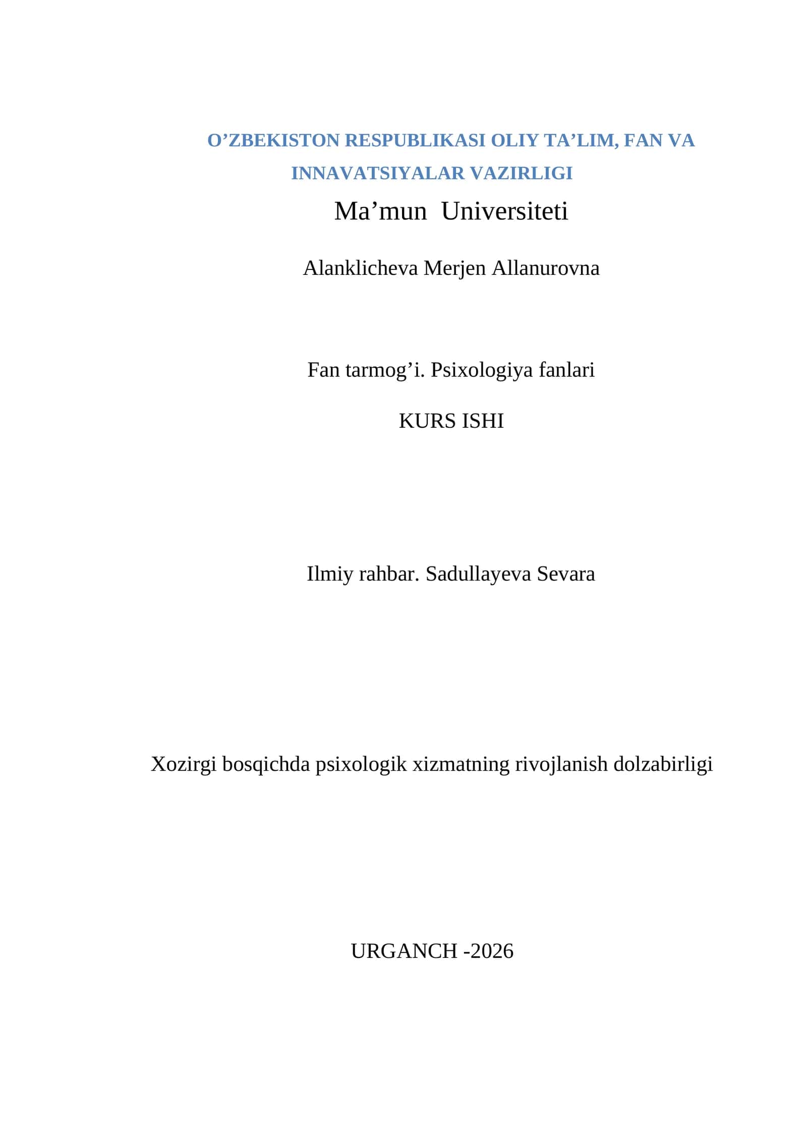 MAʼMUN UNIVERSITETI FAN TARMOGʼI. PSIXOLOGIYA FANLARI