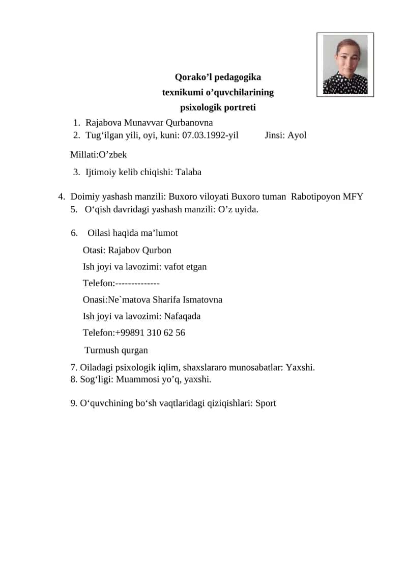 Qorako’l pedagogika texnikumi o’quvchilarining psixologik portreti
