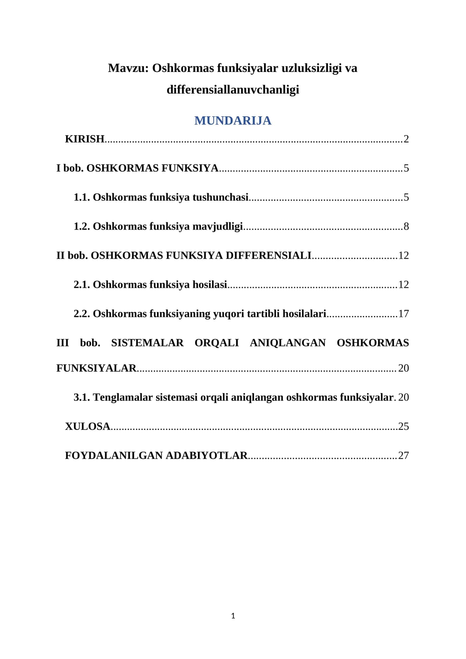 Oshkormas funksiyalar uzluksizligi va differensiallanuvchanligi