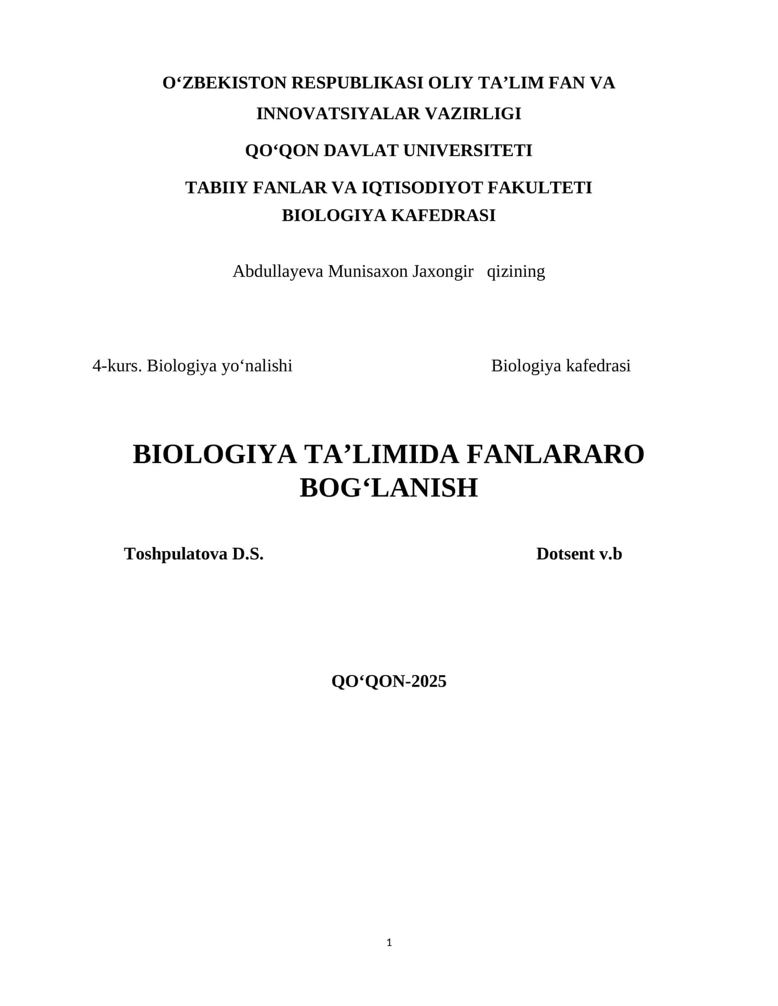 Abdullayeva Munisaxon Jaxongir qizining 4-kurs. Biologiya yo‘nalishi