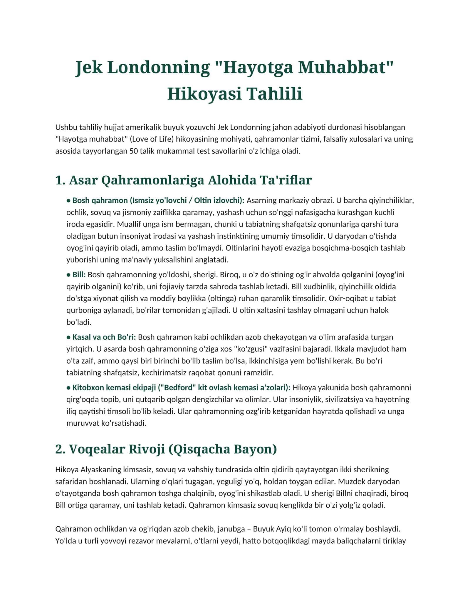 Jek Londonning "Hayotga Muhabbat" Hikoyasi Tahlili