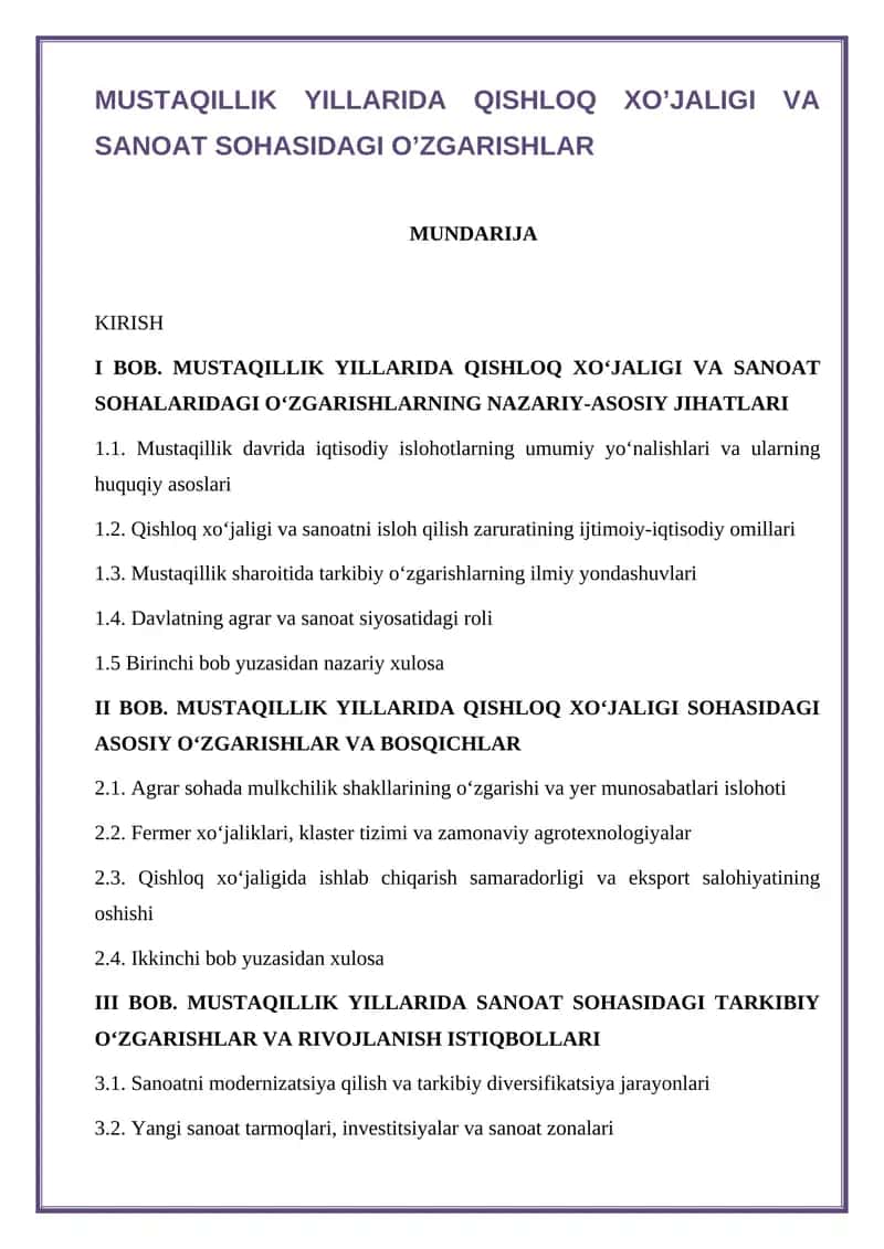 MUSTAQILLIK YILLARIDA QISHLOQ XO’JALIGI VA SANOAT SOHASIDAGI O’ZGARISHLAR