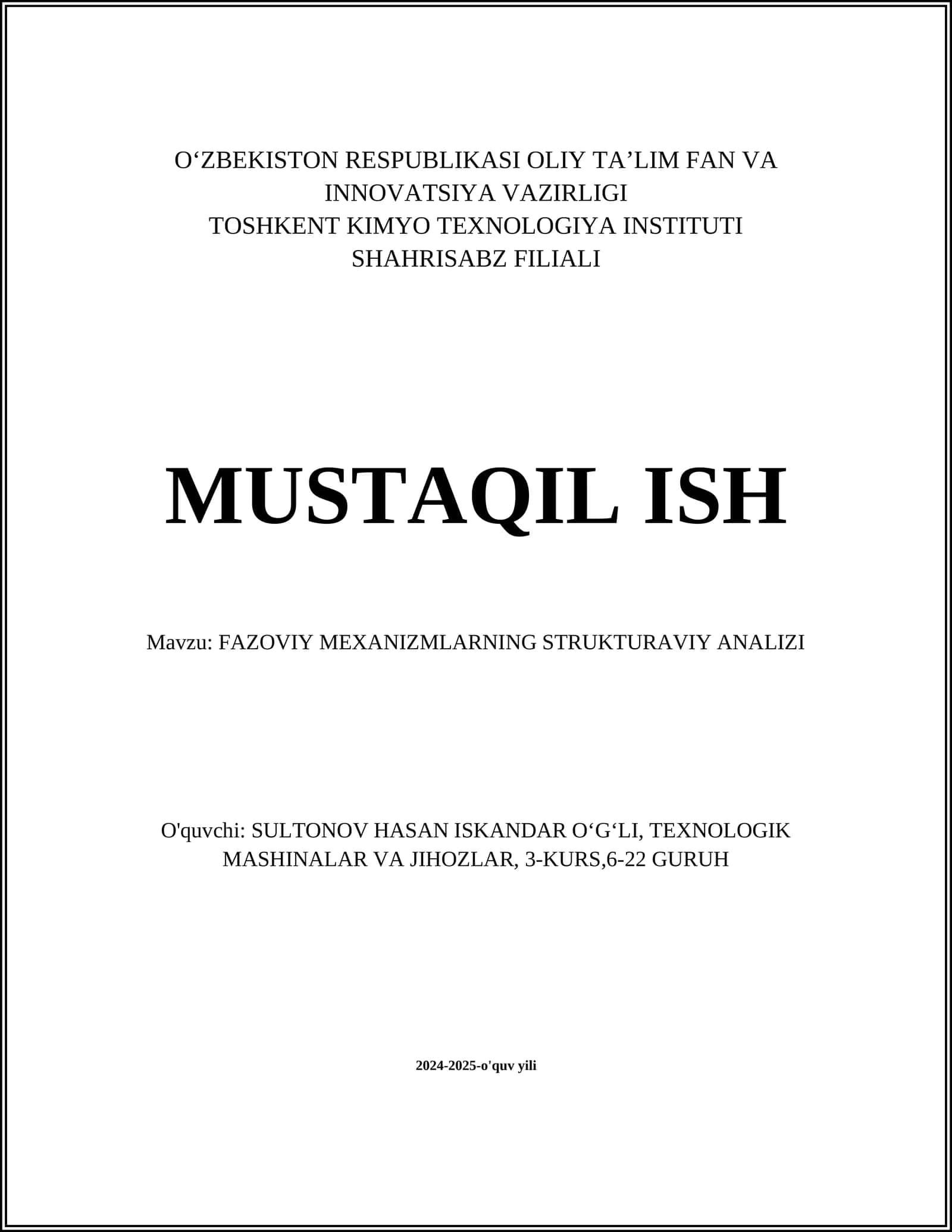FAZOVIY MEXANIZMLARNING STRUKTURAVIY ANALIZI