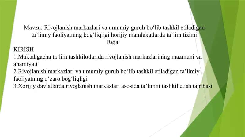 Rivojlanish markazlari va umumiy guruh boʻlib tashkil etiladigan taʼlimiy faoliyatning bogʻliqligi horijiy mamlakatlarda taʼlim tizimi