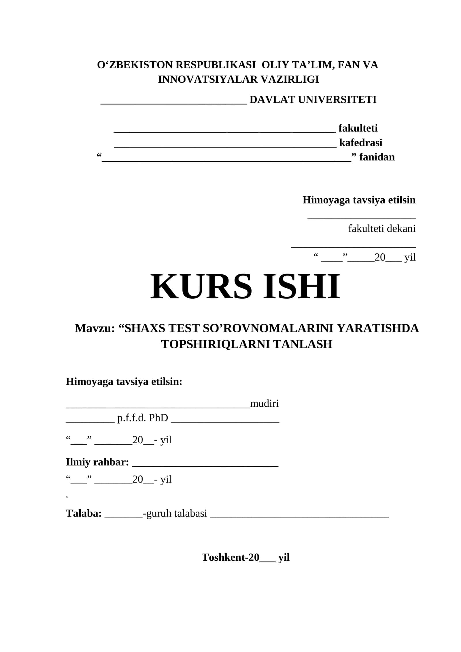 SHAXS TEST SO’ROVNOMALARINI YARATISHDA TOPSHIRIQLARNI TANLASH
