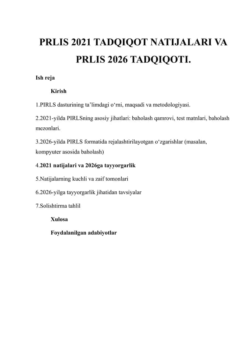 PRLIS 2021 TADQIQOT NATIJALARI VA PRLIS 2026 TADQIQOTI.