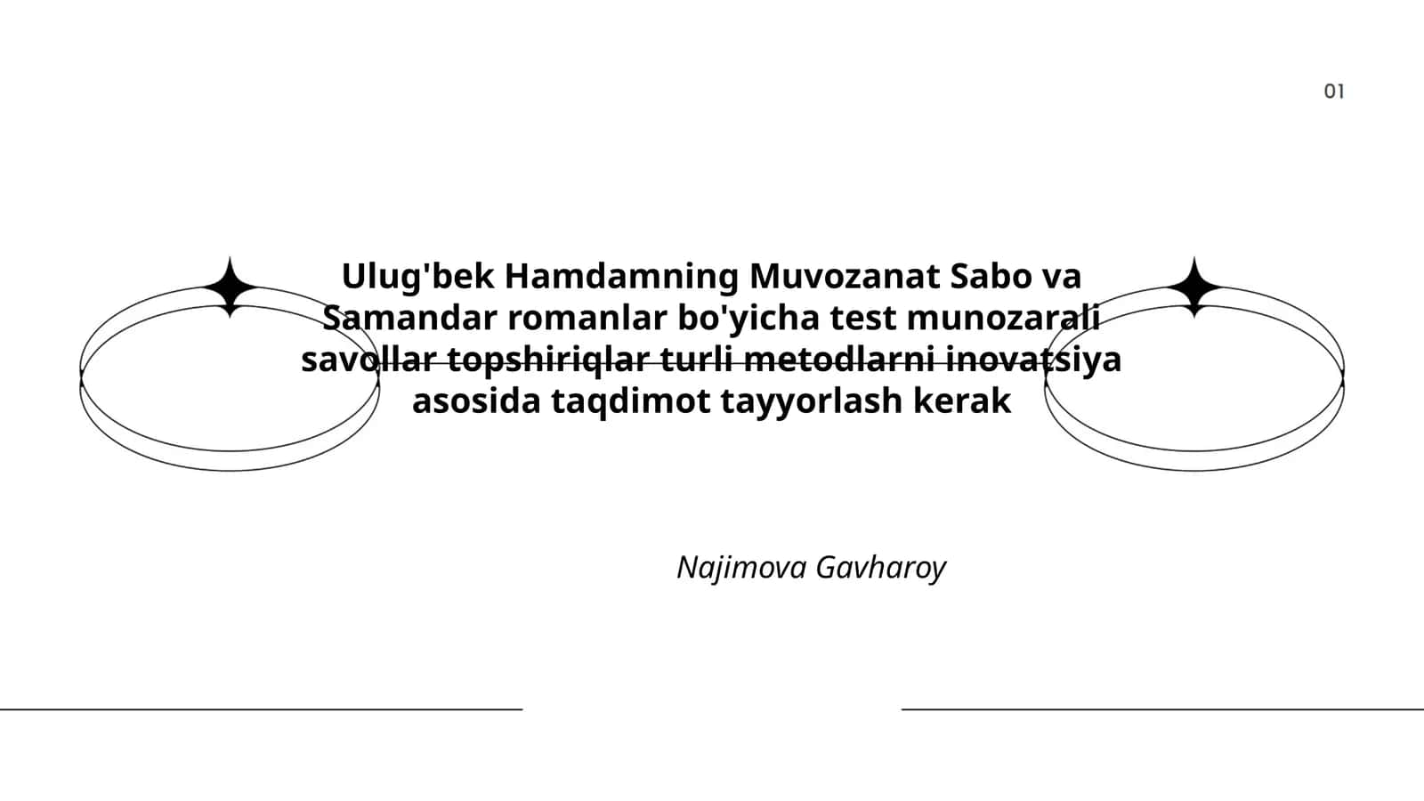 Ulug'bek Hamdamning Muvozanat Sabo va Samandar romanlar bo'yicha test munozarali savollar topshiriqlar turli metodlarni inovatsiya asosida taqdimot tayyorlash kerak