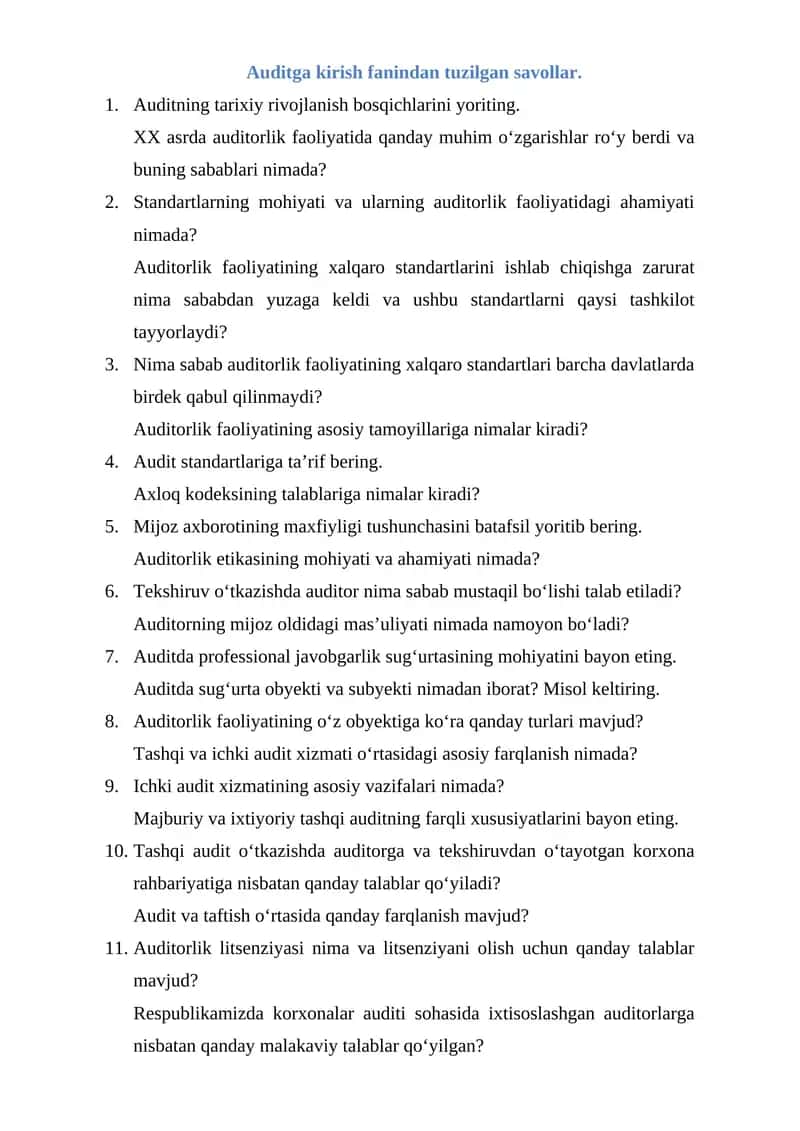 Auditga kirish fanindan tuzilgan savollar