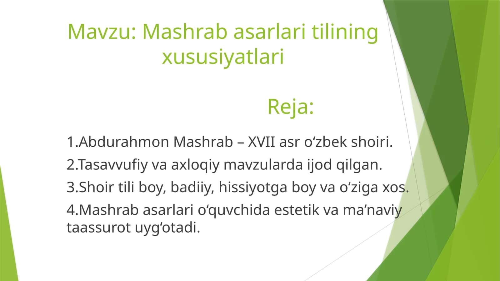 Mashrab asarlari tilining xususiyatlari