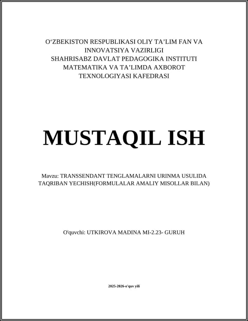 TRANSSENDANT TENGLAMALARNI URINMA USULIDA TAQRIBAN YECHISH