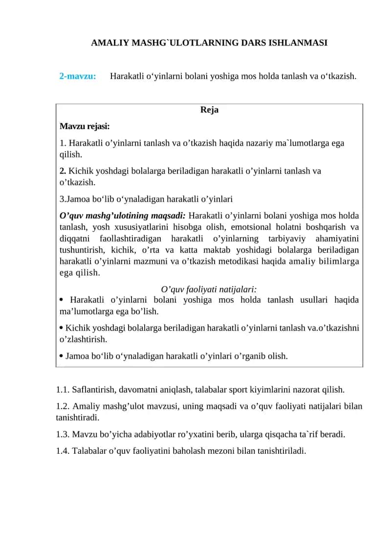 AMALIY MASHG`ULOTLARNING DARS ISHLANMASI