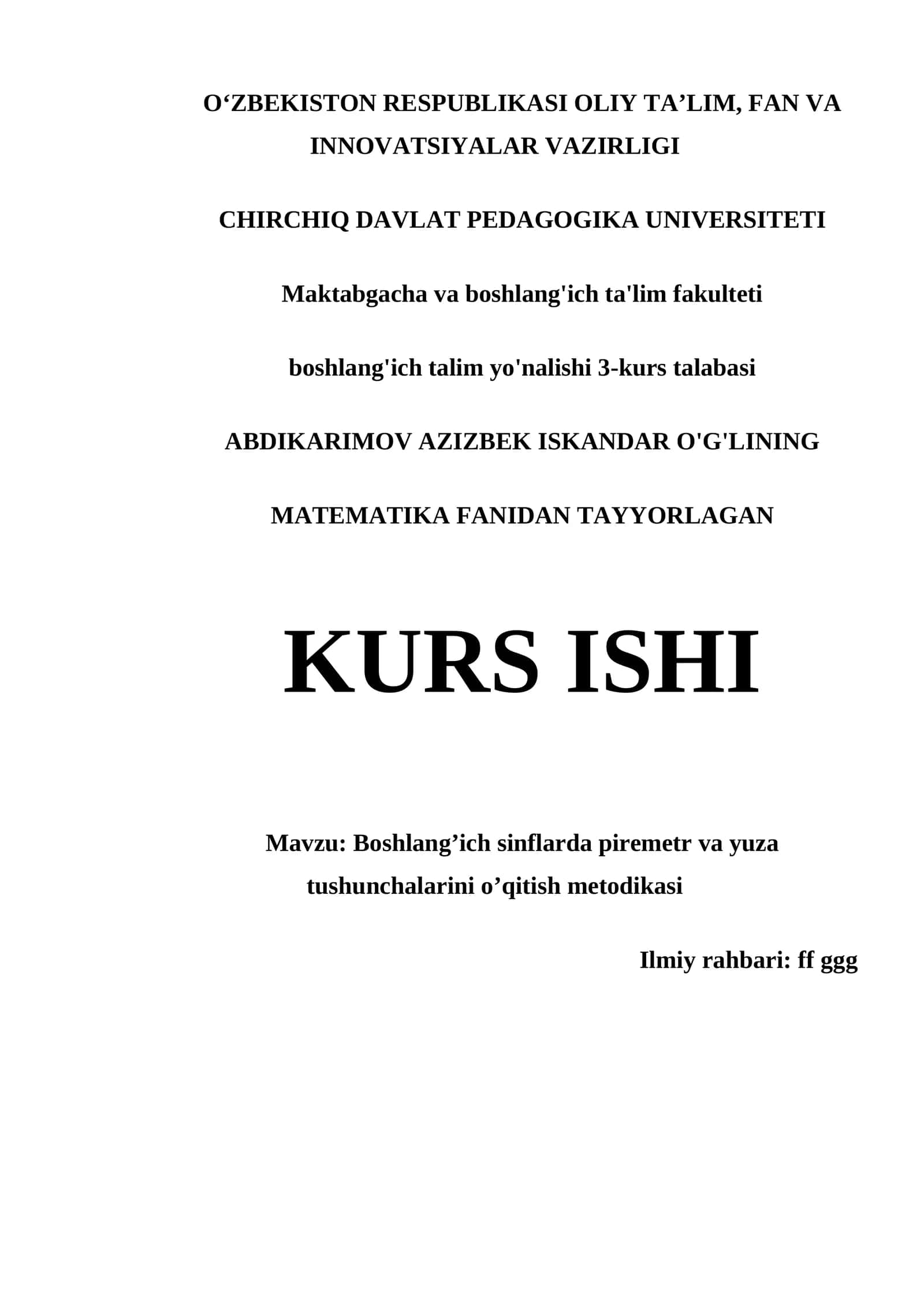 Boshlang’ich sinflarda piremetr va yuza tushunchalarini o’qitish metodikasi