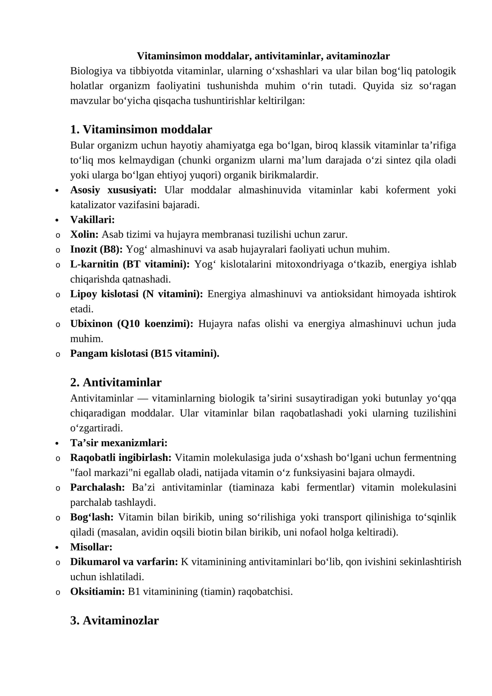 Vitaminsimon moddalar, antivitaminlar, avitaminozlar