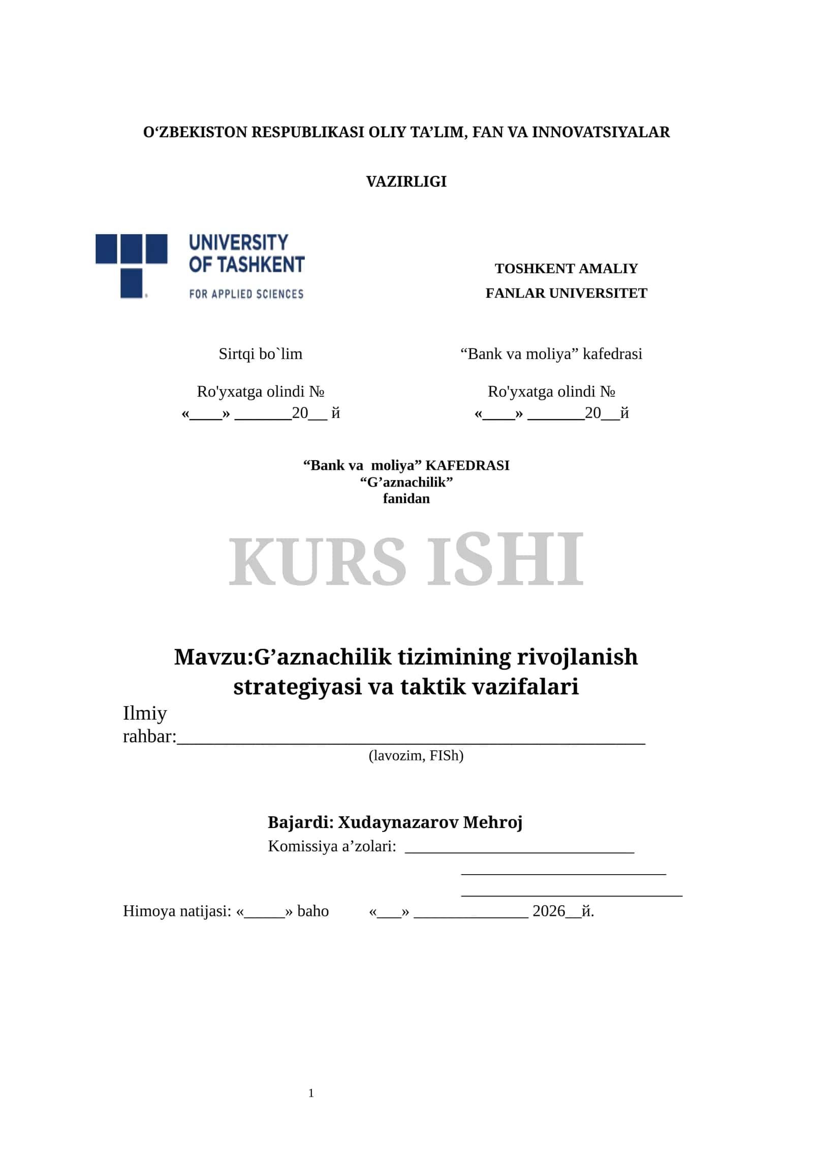 G’aznachilik tizimining rivojlanish strategiyasi va taktik vazifalari