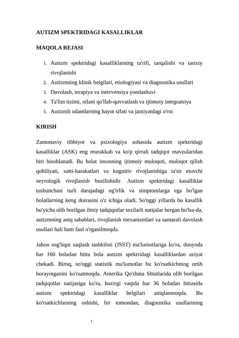 AUTIZM SPEKTRIDAGI KASALLIKLAR