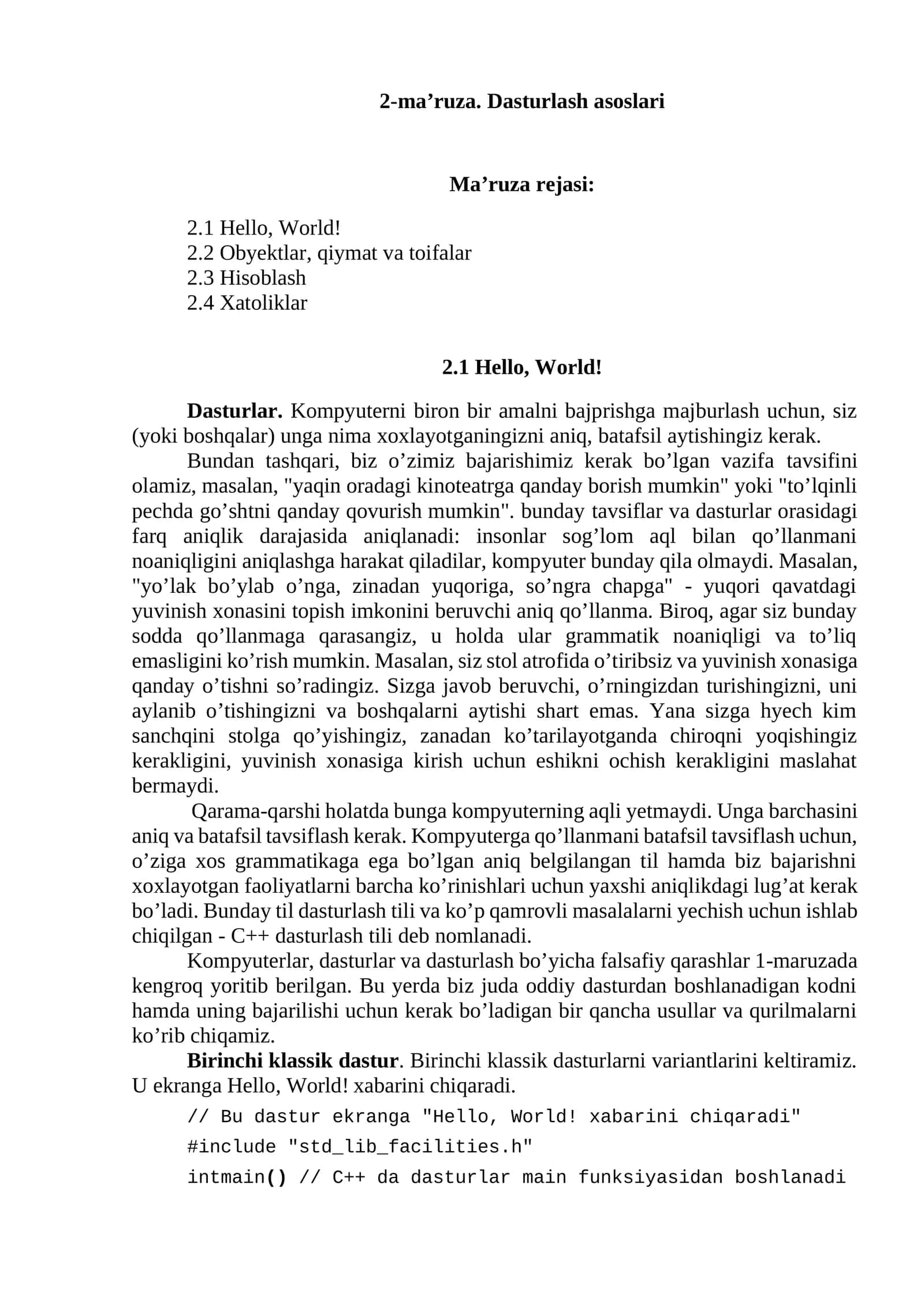 2-ma’ruza. Dasturlash asoslari