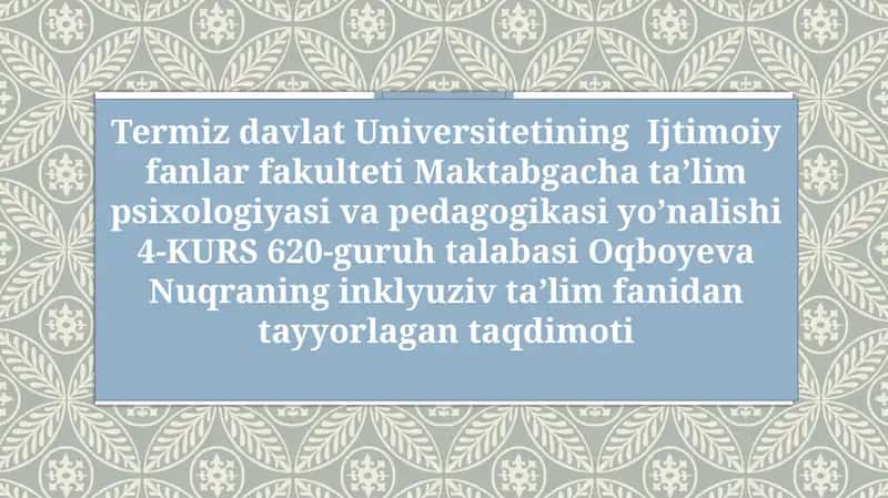 TA’LIM RIVOJLANTIRISH JARAYONIDA BOLALARGA INDIVIDUAL YONDASHISHI TEXNOLOGIYASINI AMALGA OSHIRISH UCHUN PSIXOLOGIK –PEDAGOGIK SHAROITLAR