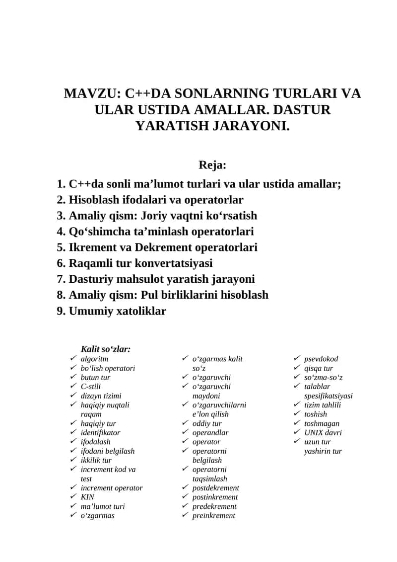 С++DA SONLARNING TURLARI VA ULAR USTIDA AMALLAR. DASTUR YARATISH JARAYONI