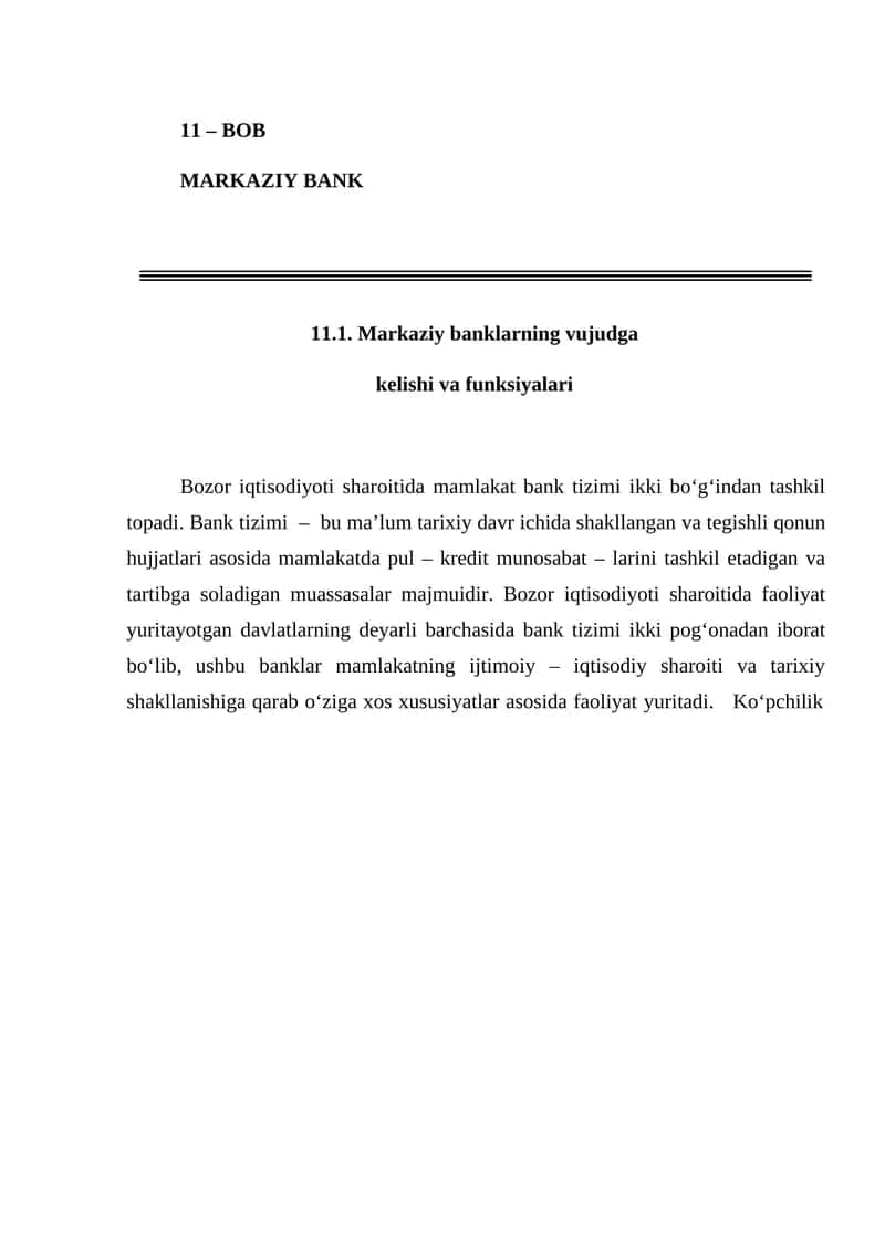 Markaziy banklarning vujudga kelishi va funksiyalari