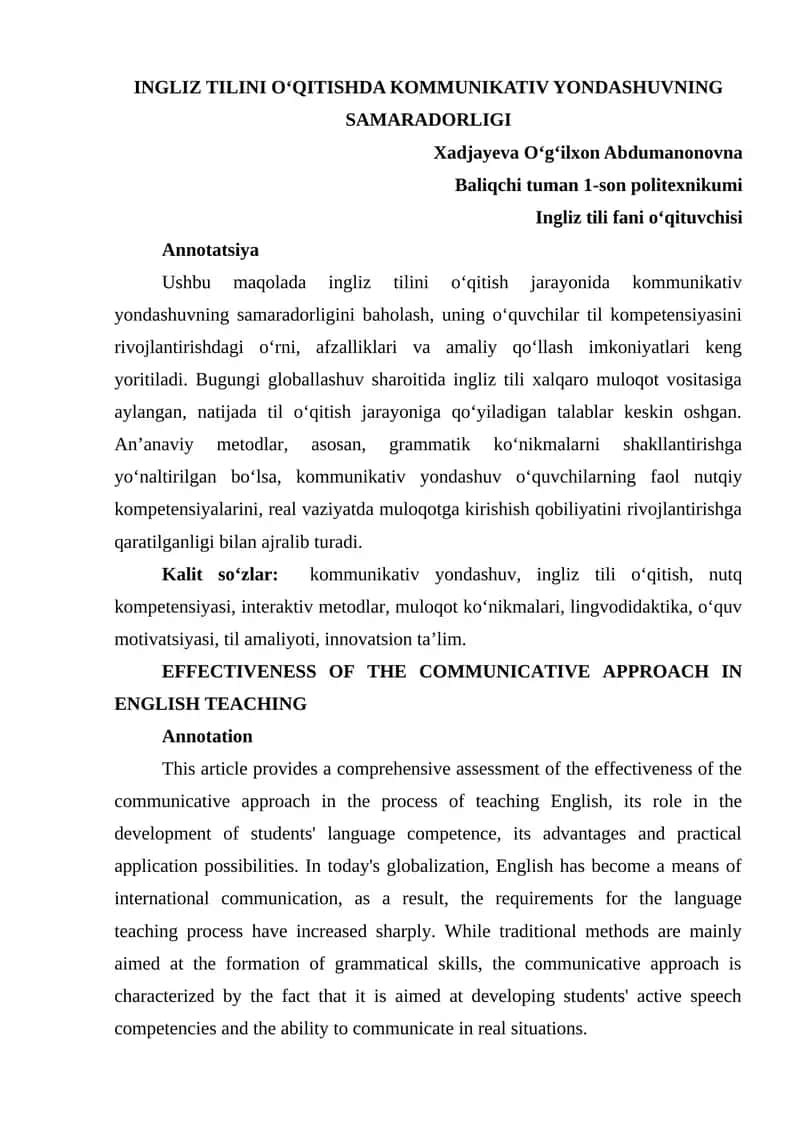 INGLIZ TILINI O‘QITISHDA KOMMUNIKATIV YONDASHUVNING SAMARADORLIGI