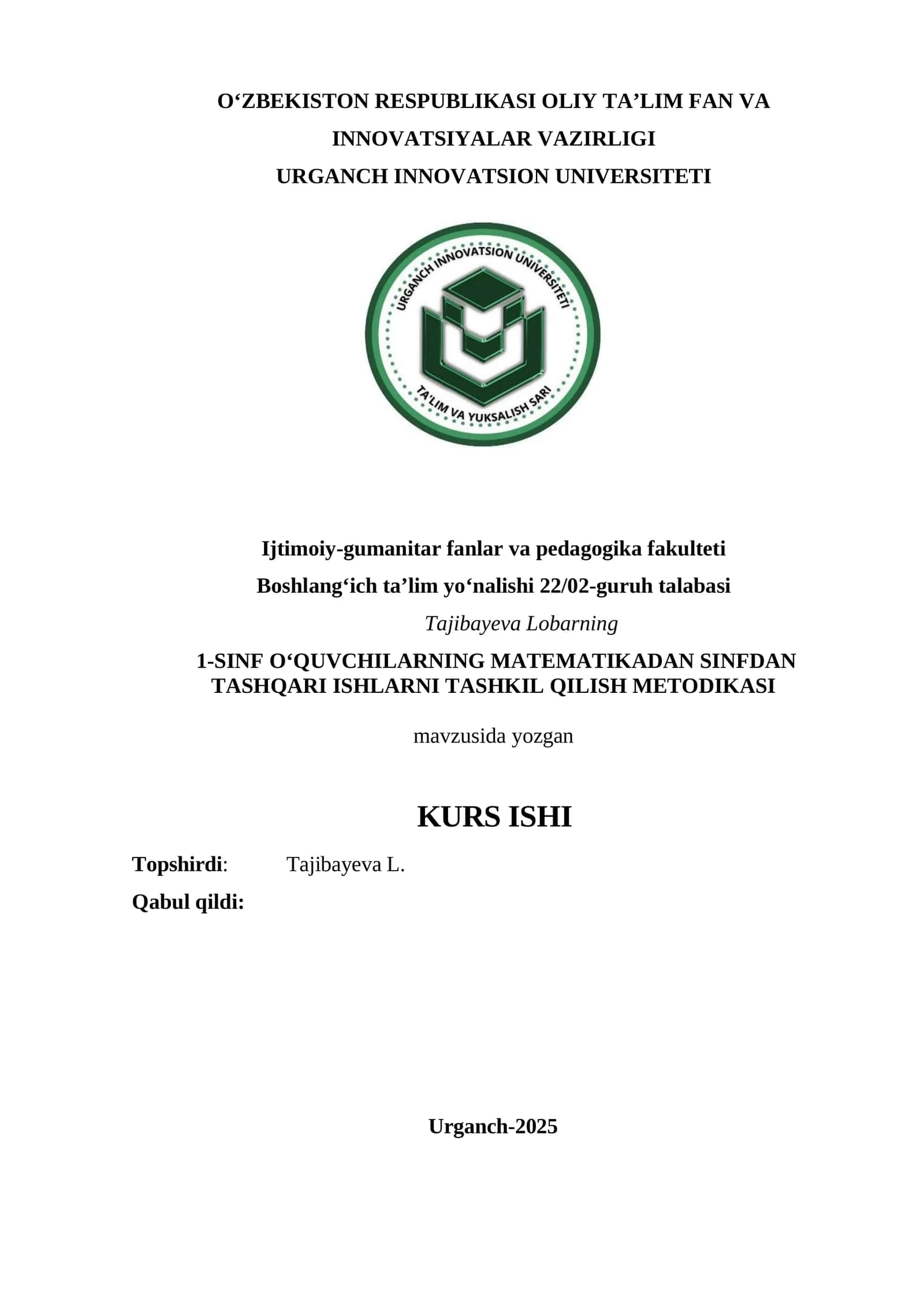 1-SINF O‘QUVCHILARNING MATEMATIKADAN SINFDAN TASHQARI ISHLARNI TASHKIL QILISH METODIKASI