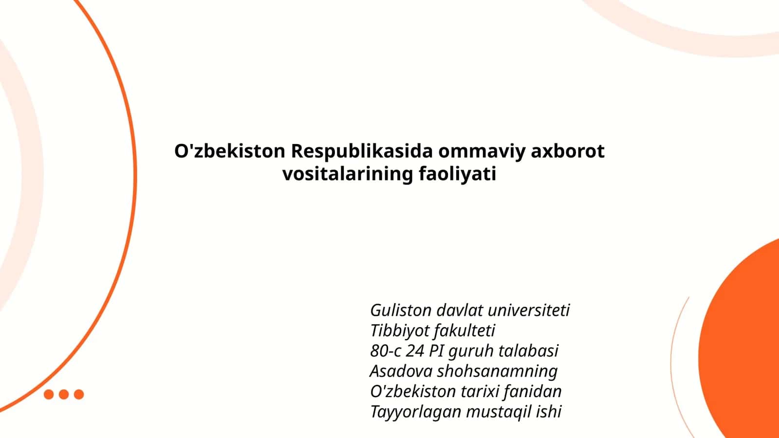 Asadova shohsanamning O'zbekiston tarixi fanidan tayyorlagan mustaqil ishi