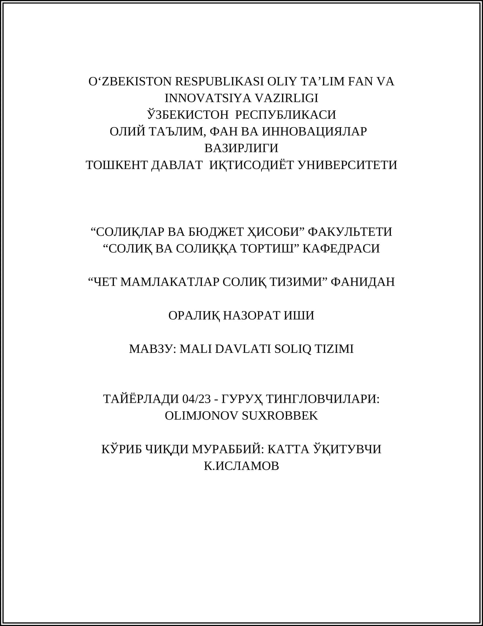 MALI DAVLATI SOLIQ TIZIMI