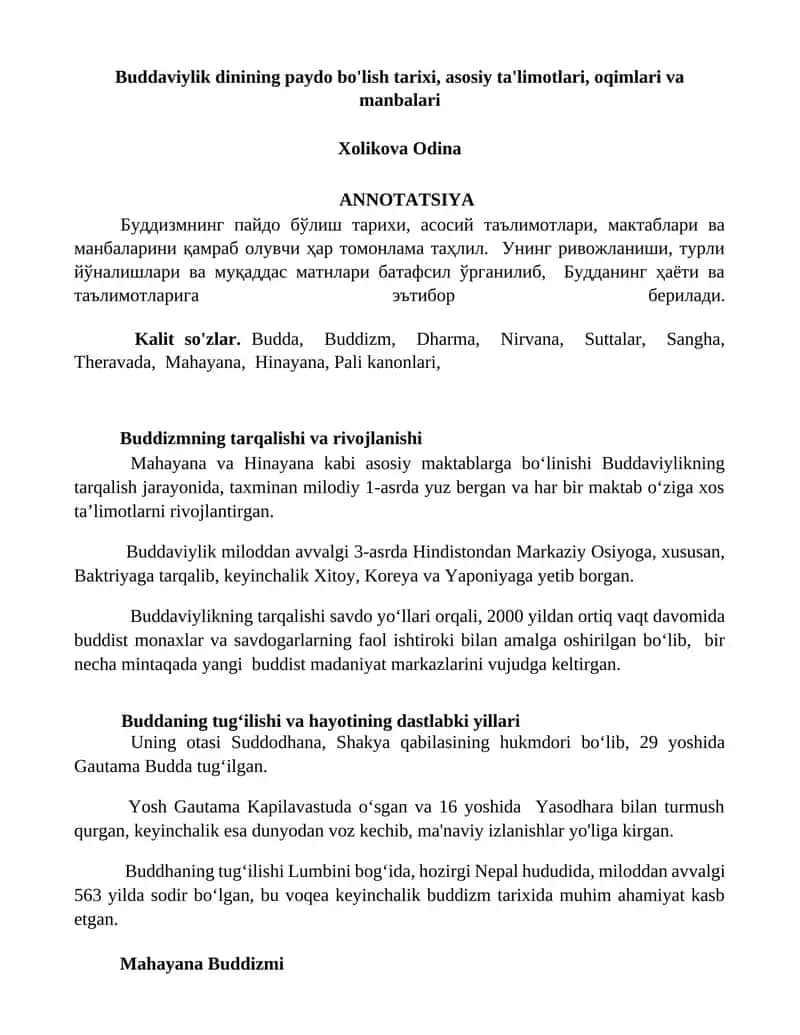 Buddaviylik dinining paydo bo'lish tarixi, asosiy ta'limotlari, oqimlari va manbalari