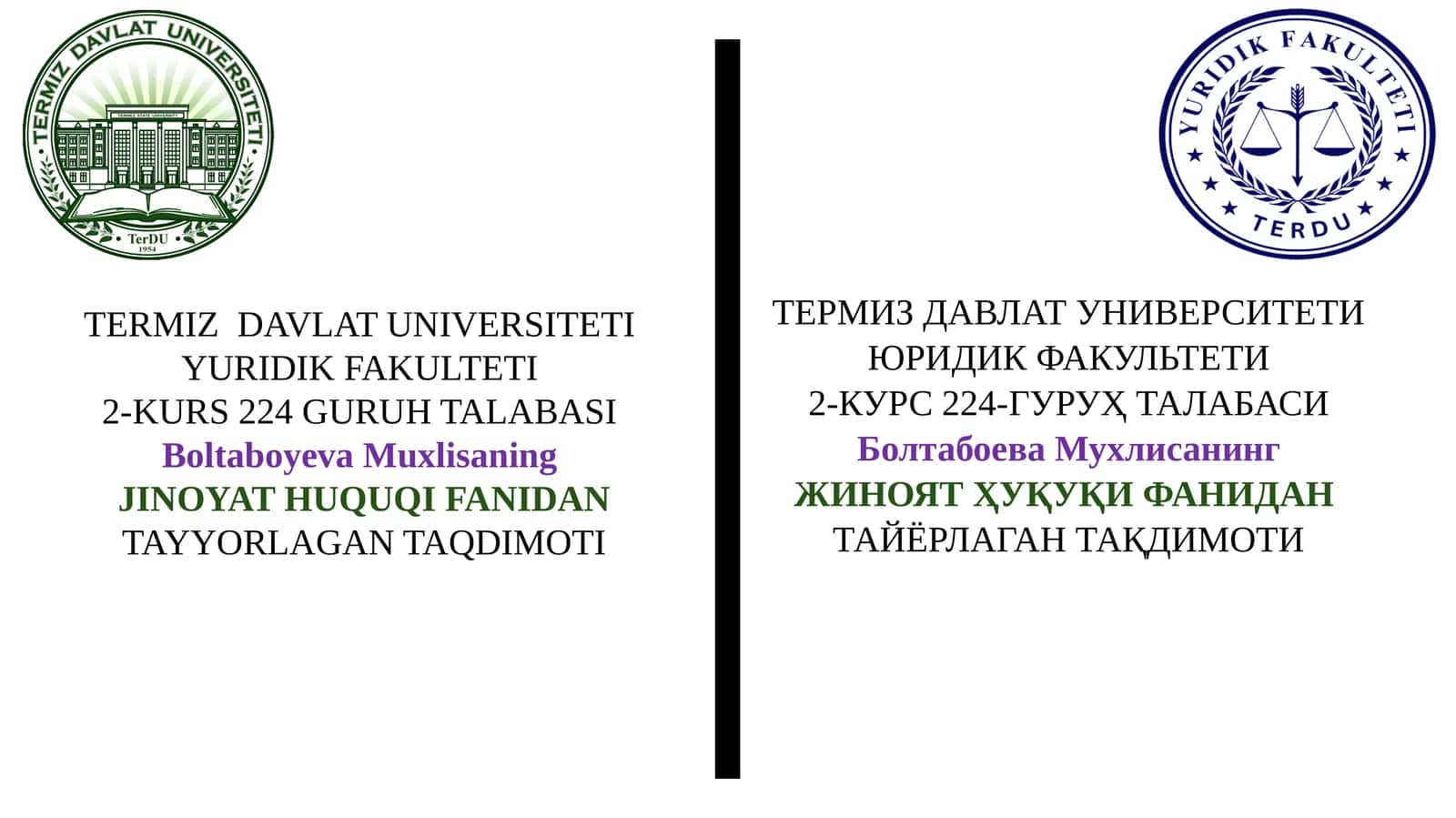 JINOYAT HUQUQI FANIDANTAYYORLAGAN TAQDIMOTI