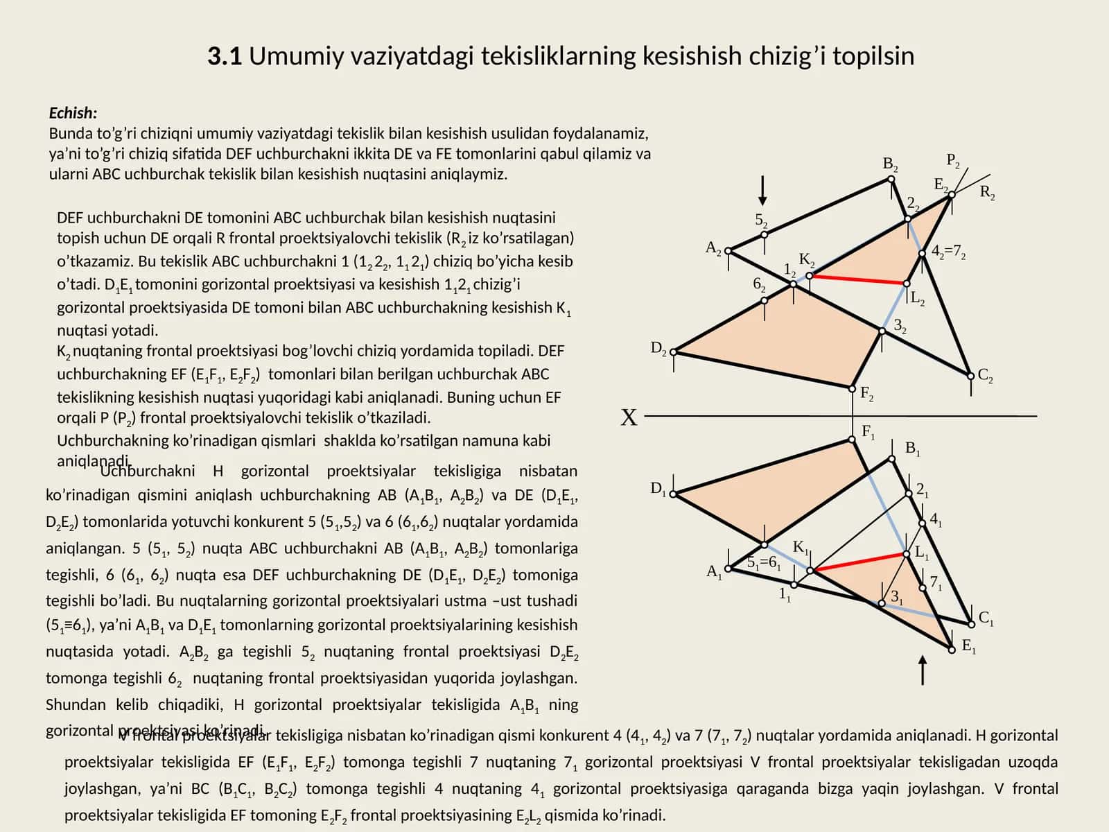 Umumiy vaziyatdagi tekisliklarning kesishish chizig'ini topish