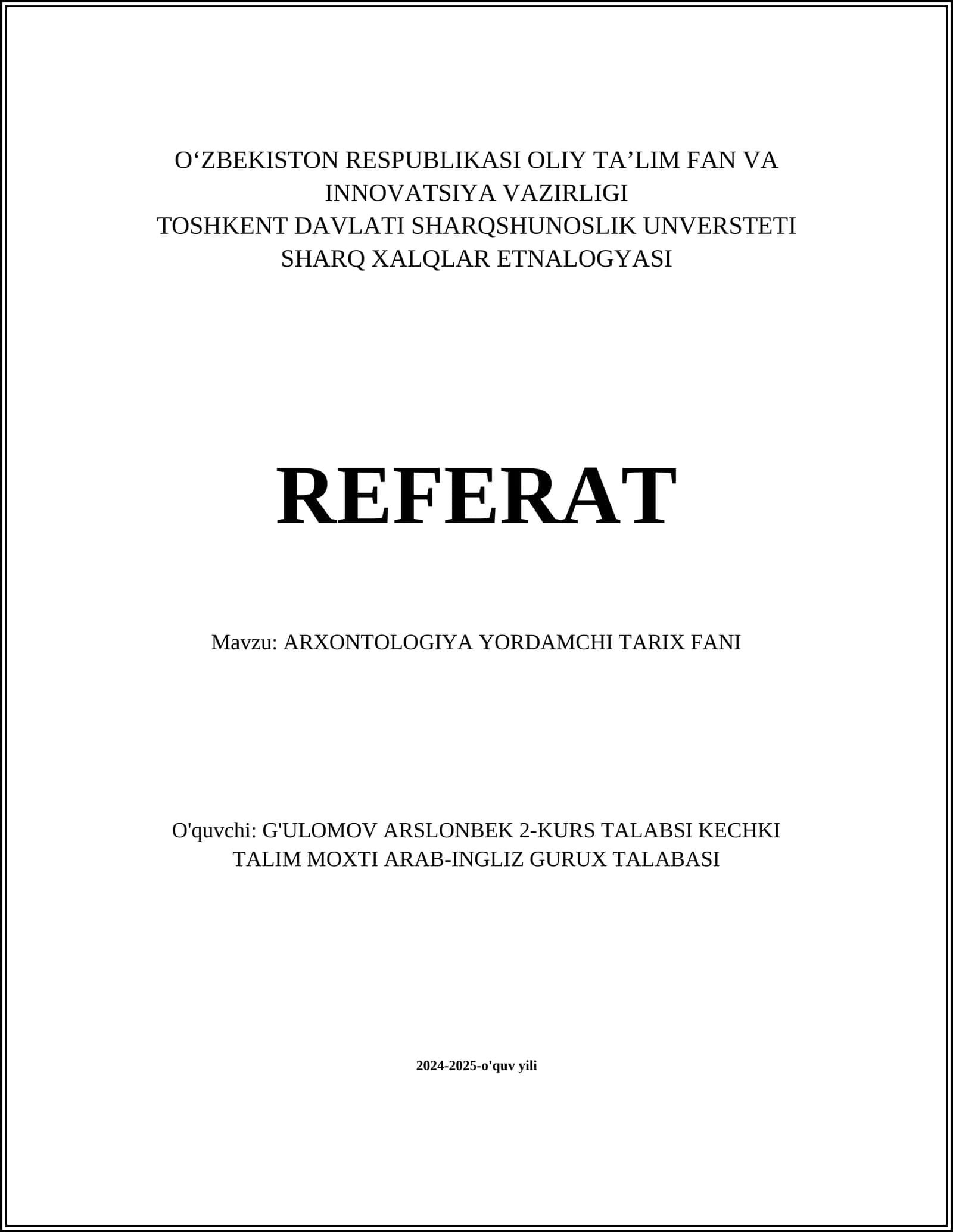 ARXONTOLOGIYA YORDAMCHI TARIX FANI