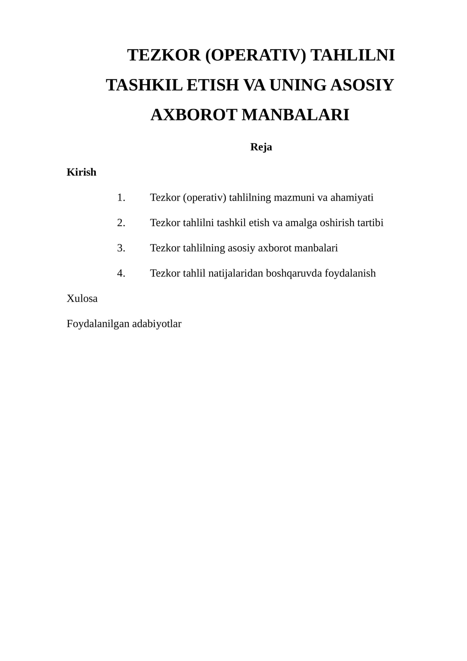 Tezkor (Operativ) Tahlilni Tashkil Etish va Uning Asosiy Axborot Manbalari