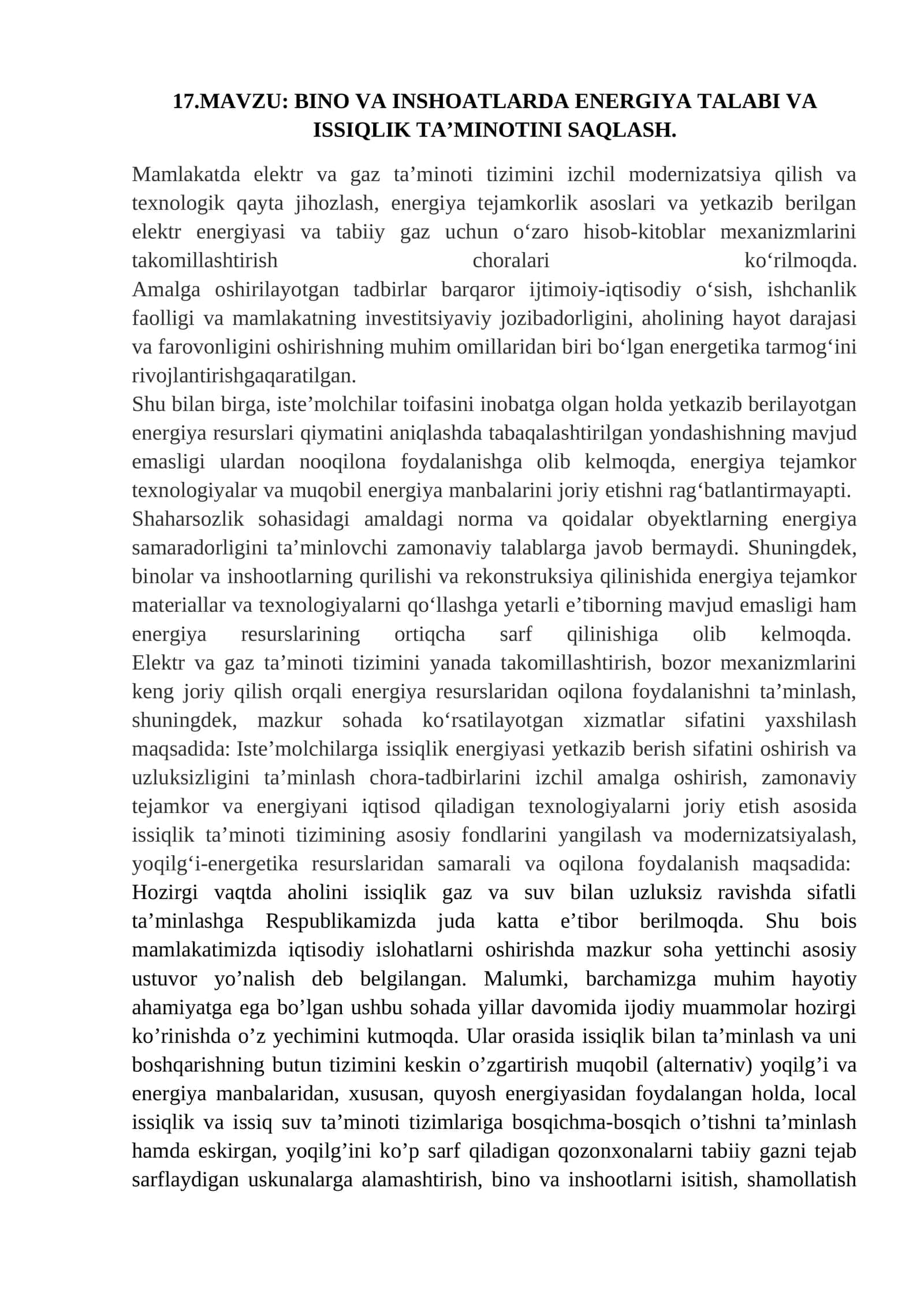 BINO VA INSHOATLARDA ENERGIYA TALABI VA ISSIQLIK TA’MINOTINI SAQLASH