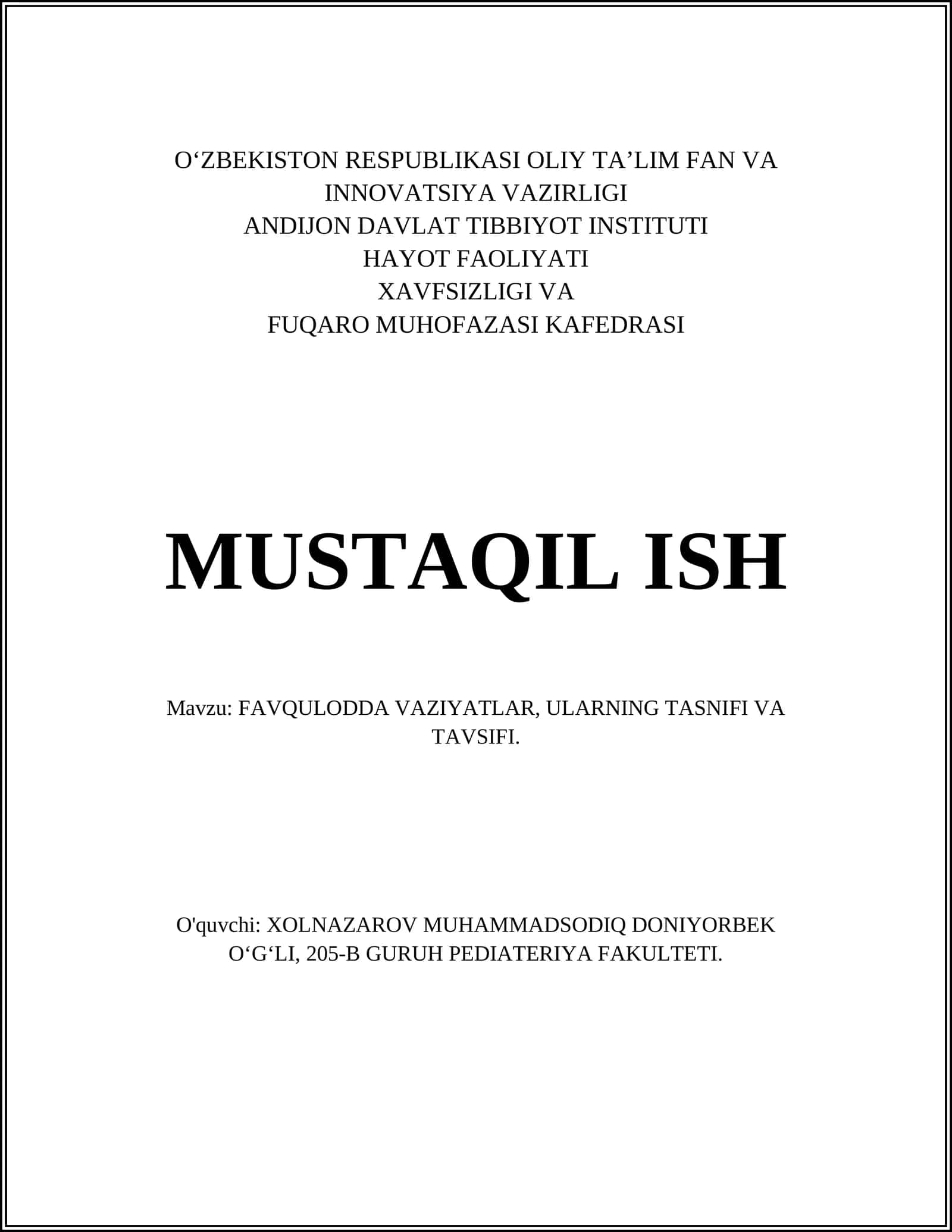 FAVQULODDA VAZIYATLAR, ULARNING TASNIFI VA TAVSIFI