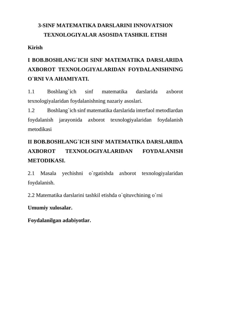 3-SINF MATEMATIKA DARSLARINI INNOVATSION TEXNOLOGIYALAR ASOSIDA TASHKIL ETISH
