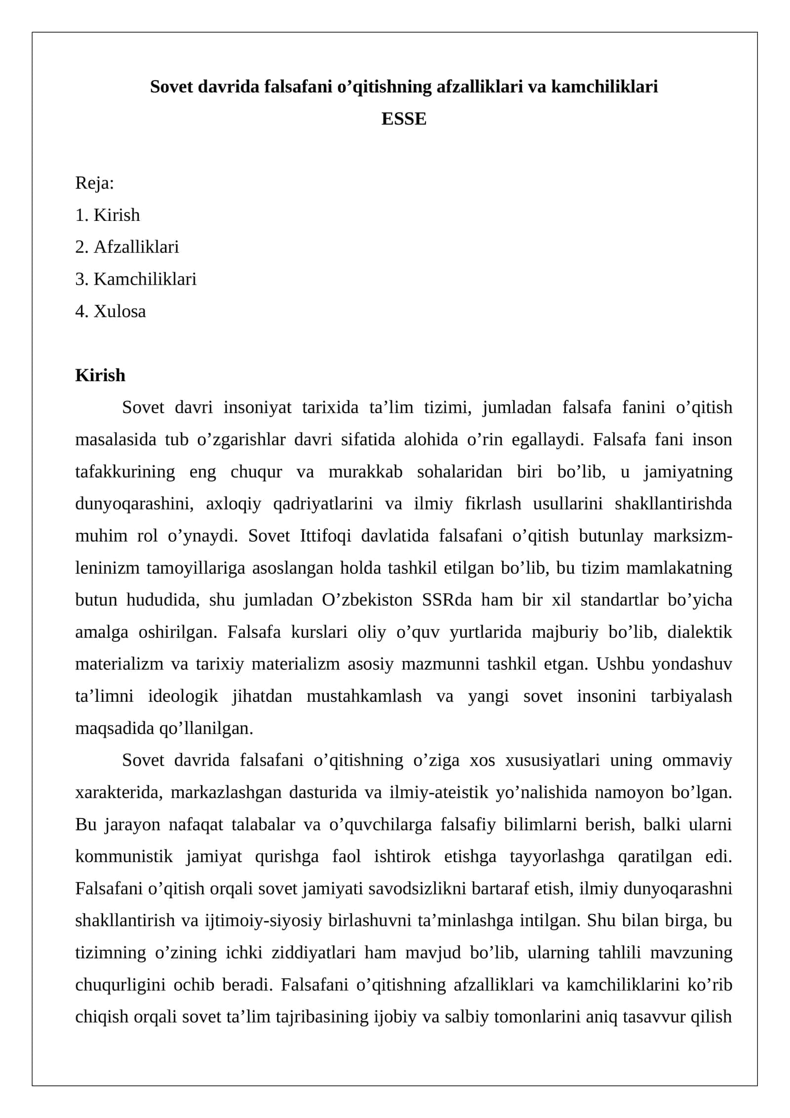 Sovet davrida falsafani o’qitishning afzalliklari va kamchiliklari esse